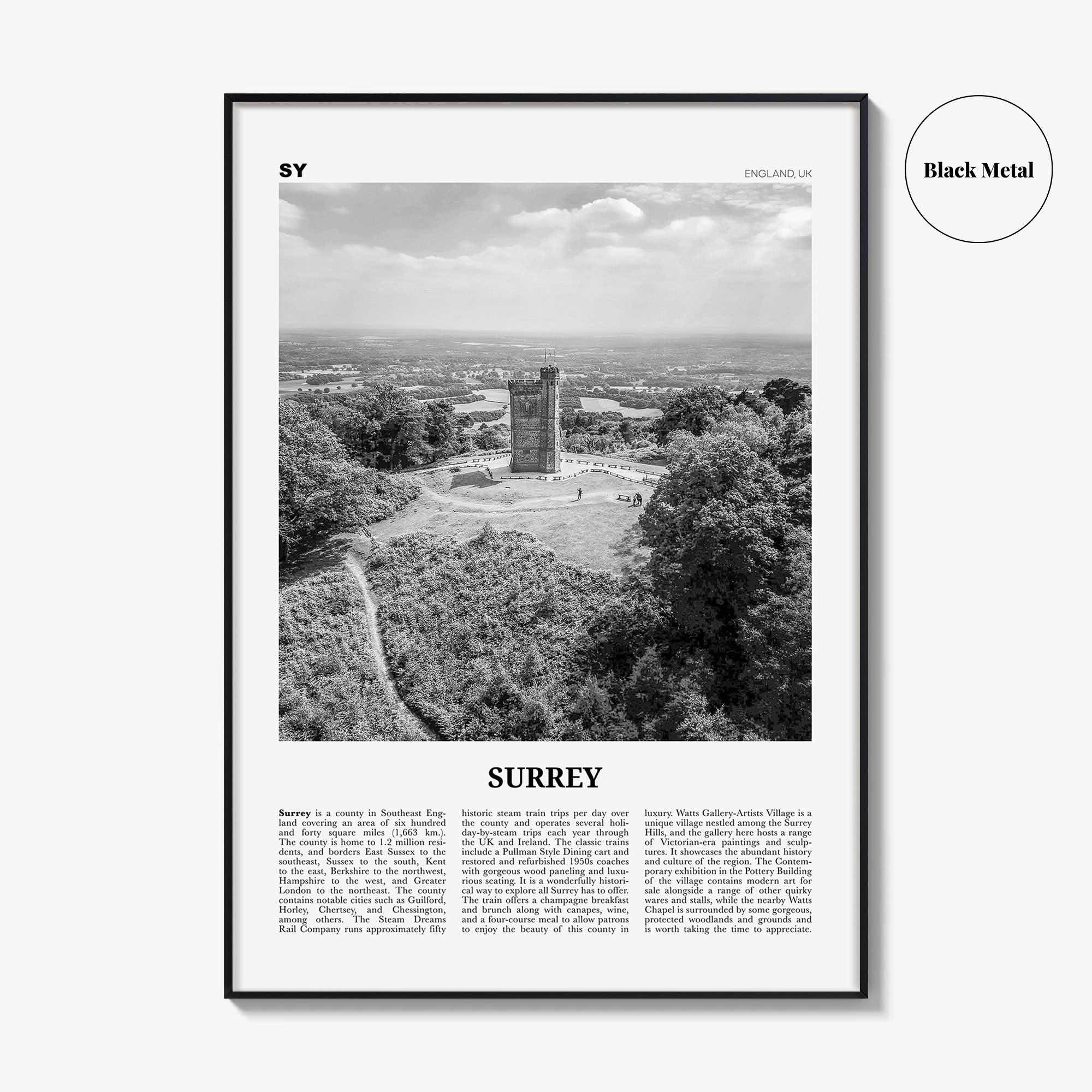 Surrey Print Black and White, Surrey Wall Art, Surrey Poster, Surrey Photo, Surrey Map, England, UK, United Kingdom