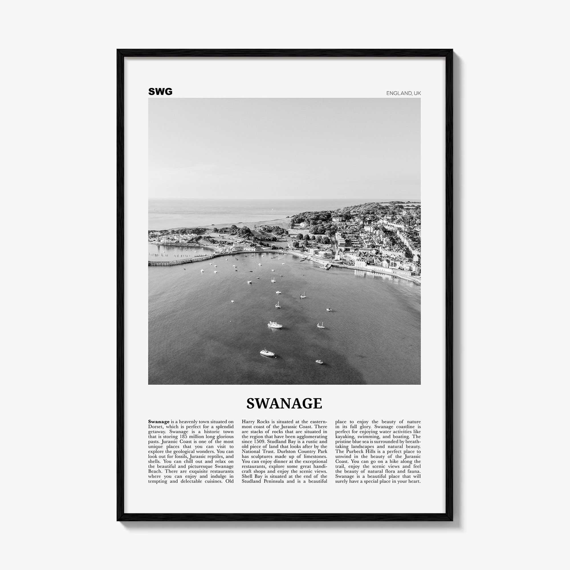 Swanage Print Black and White, Swanage Wall Art, Swanage Poster, Swanage Photo, Swanage Map, England, UK, United Kingdom