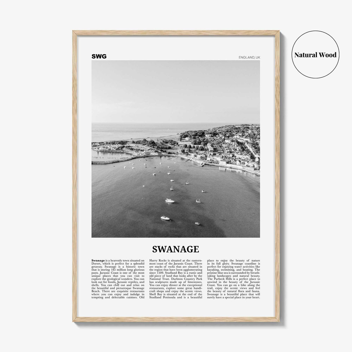 Swanage Print Black and White, Swanage Wall Art, Swanage Poster, Swanage Photo, Swanage Map, England, UK, United Kingdom