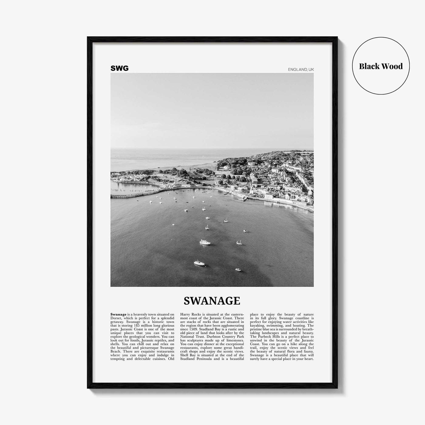 Swanage Print Black and White, Swanage Wall Art, Swanage Poster, Swanage Photo, Swanage Map, England, UK, United Kingdom