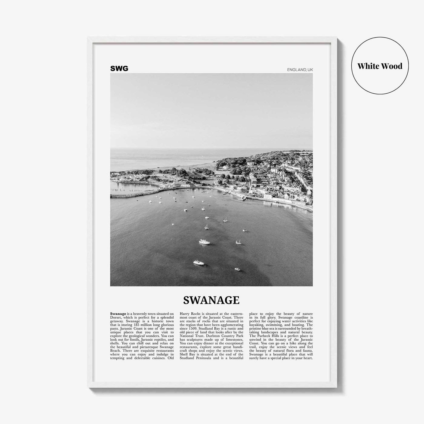 Swanage Print Black and White, Swanage Wall Art, Swanage Poster, Swanage Photo, Swanage Map, England, UK, United Kingdom