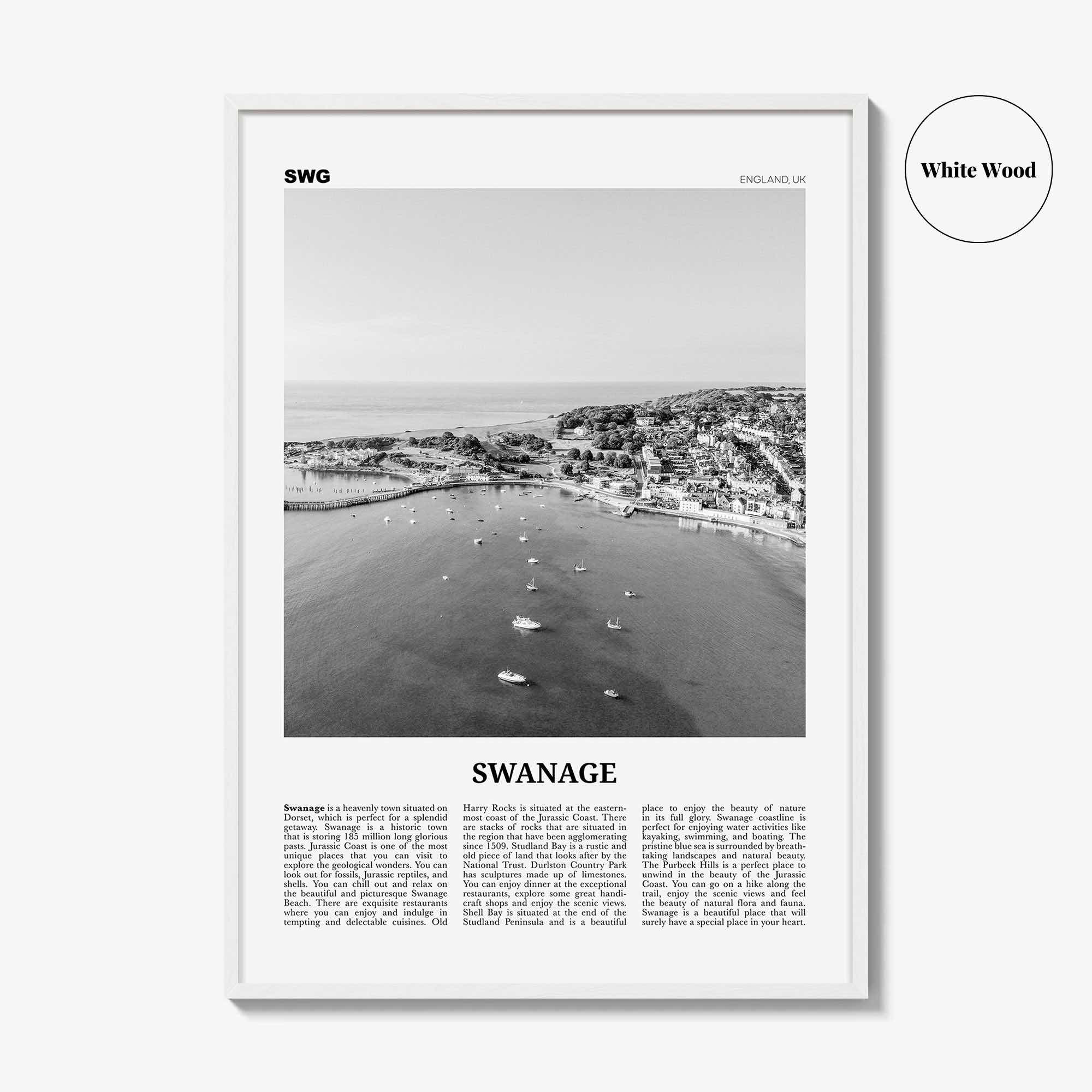 Swanage Print Black and White, Swanage Wall Art, Swanage Poster, Swanage Photo, Swanage Map, England, UK, United Kingdom