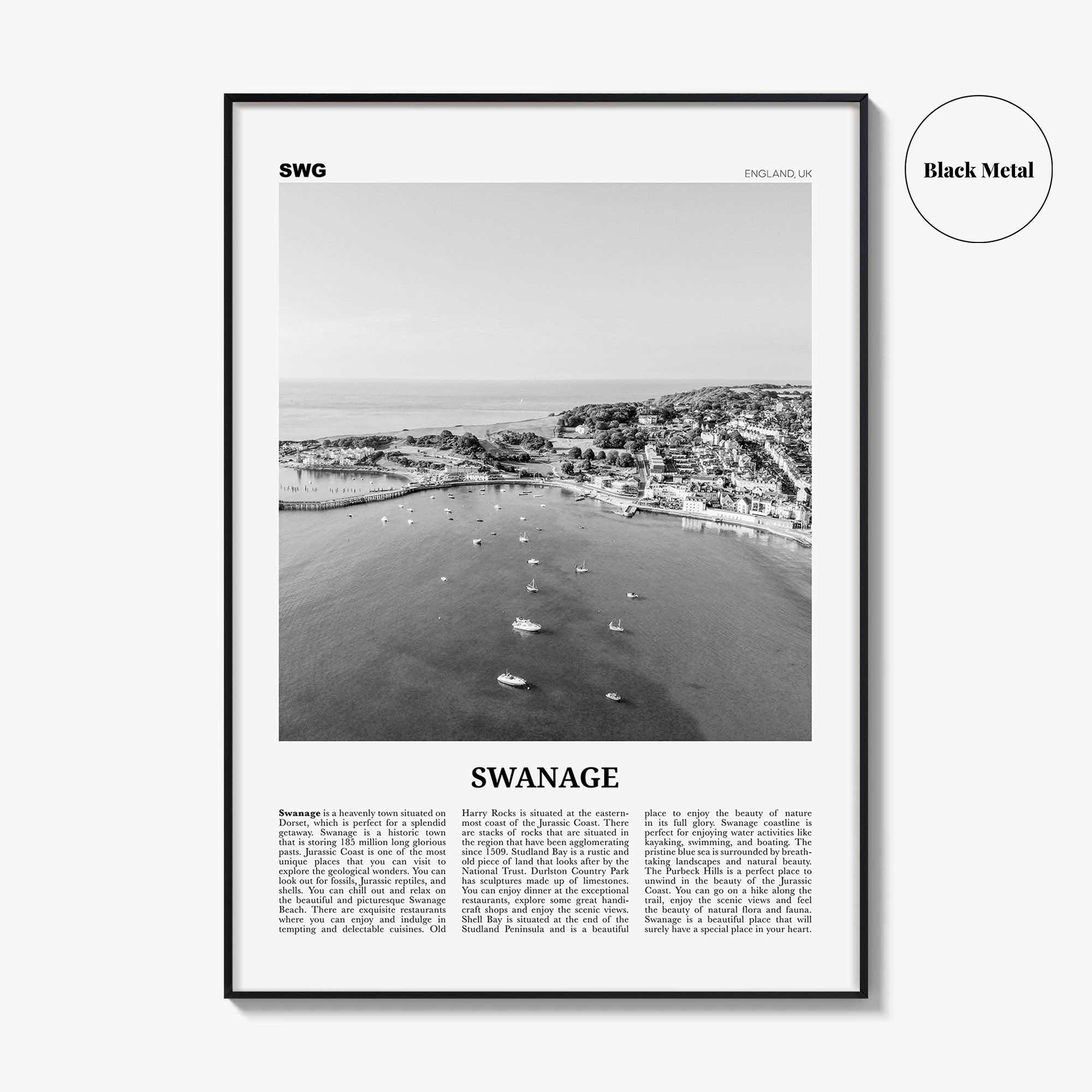 Swanage Print Black and White, Swanage Wall Art, Swanage Poster, Swanage Photo, Swanage Map, England, UK, United Kingdom