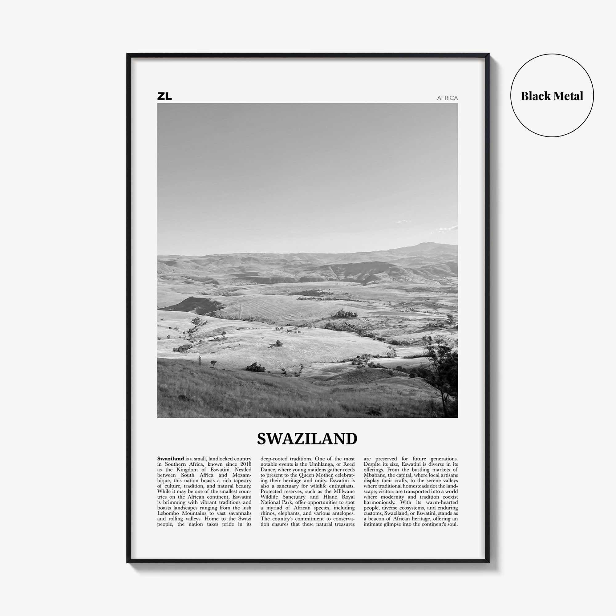 Swaziland Print Black and White, Swaziland Wall Art, Swaziland Poster, Swaziland Photo, Swaziland Wall Décor, Swaziland Map Poster