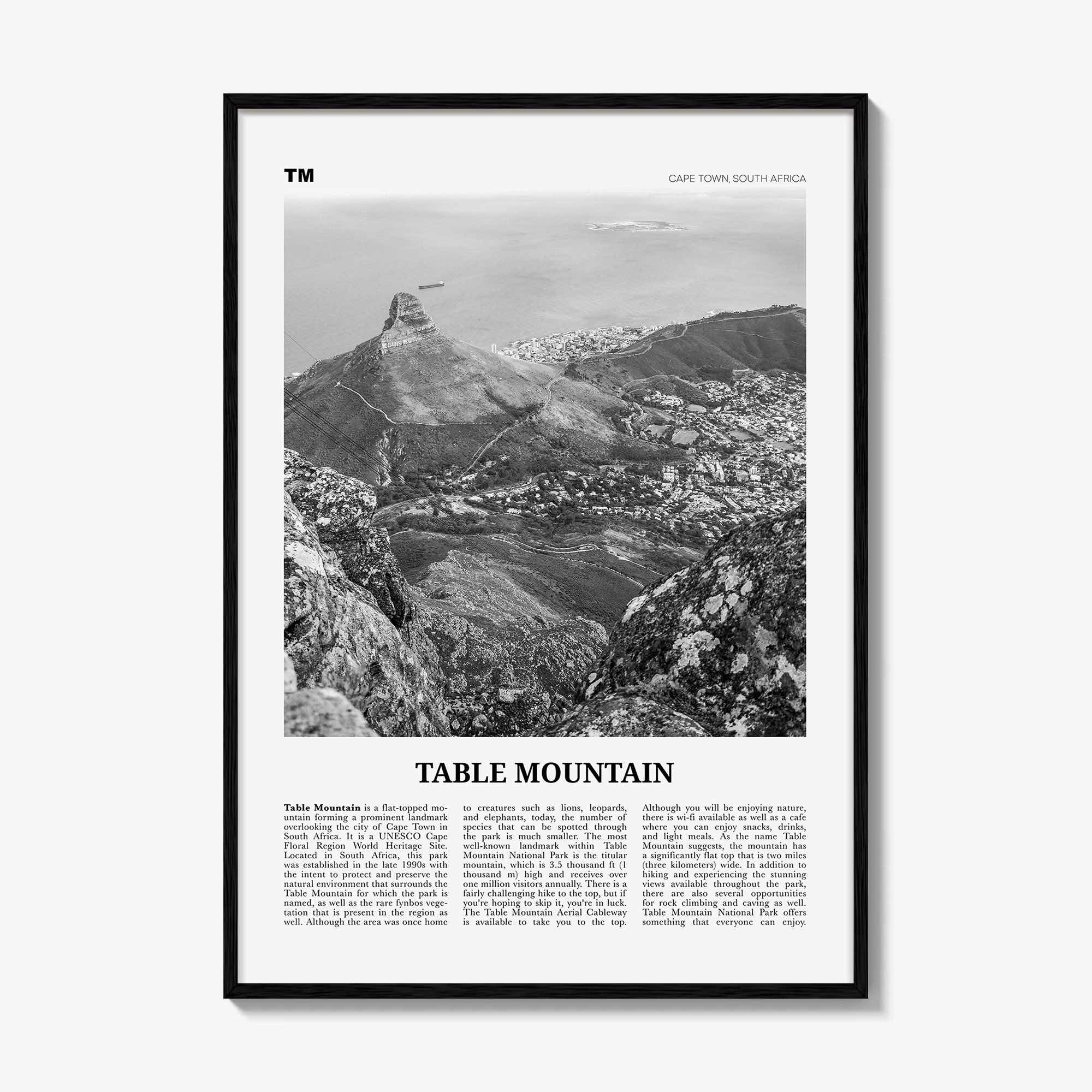 Table Mountain Print Black and White, Table Mountain Wall Art, Table Mountain Poster, Table Mountain Photo, South Africa, Cape Town