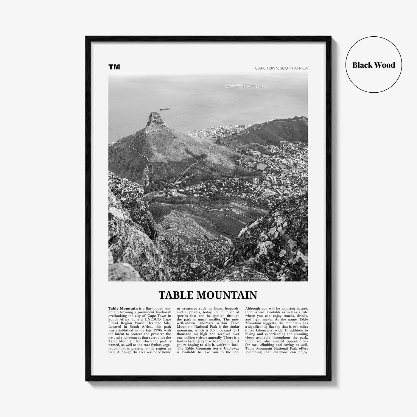 Table Mountain Print Black and White, Table Mountain Wall Art, Table Mountain Poster, Table Mountain Photo, South Africa, Cape Town