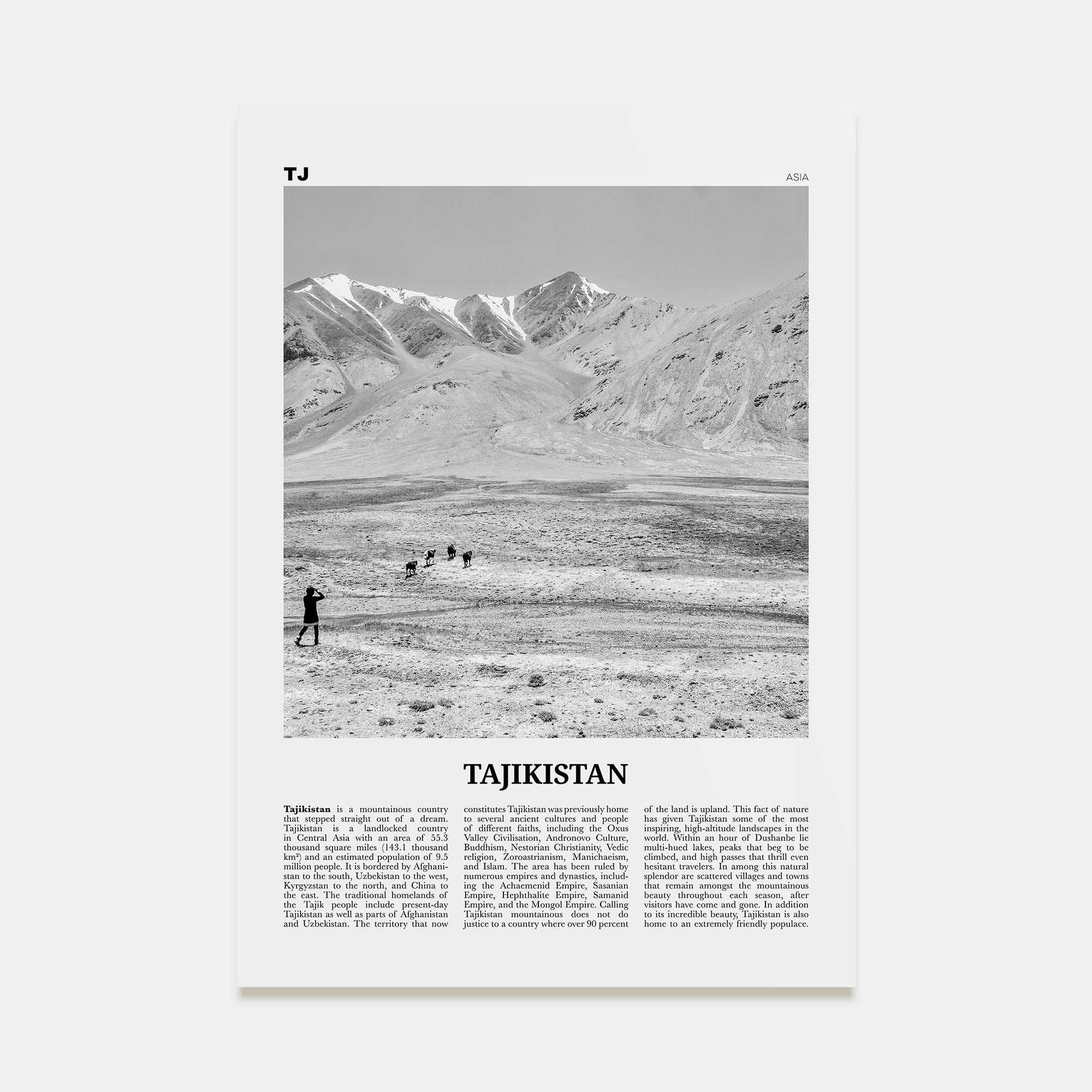 Tajikistan Travel B&W Poster