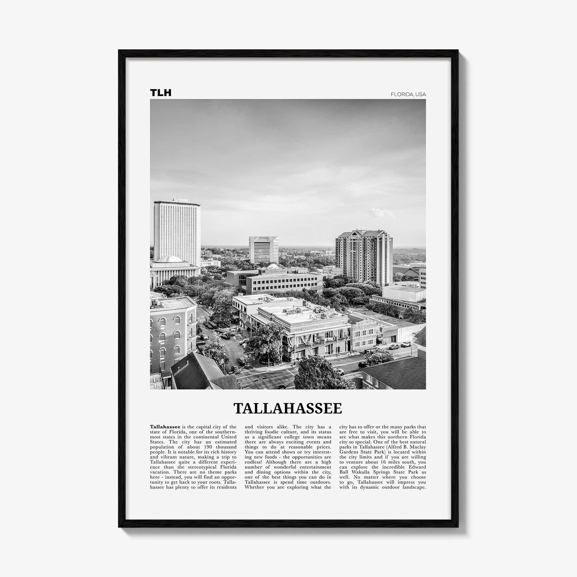 Tallahassee Print Black and White, Tallahassee Wall Art, Tallahassee Poster, Tallahassee Photo, Tallahassee Wall Décor, Florida, USA