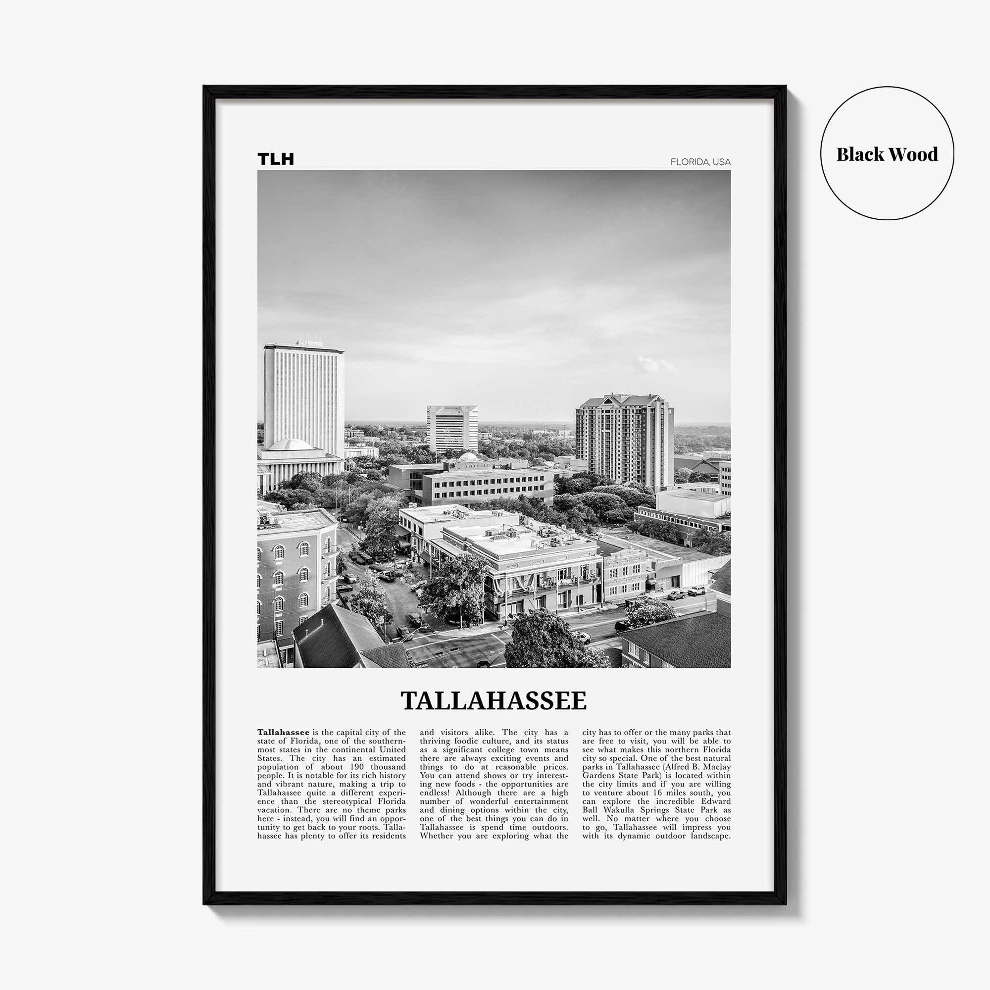 Tallahassee Print Black and White, Tallahassee Wall Art, Tallahassee Poster, Tallahassee Photo, Tallahassee Wall Décor, Florida, USA