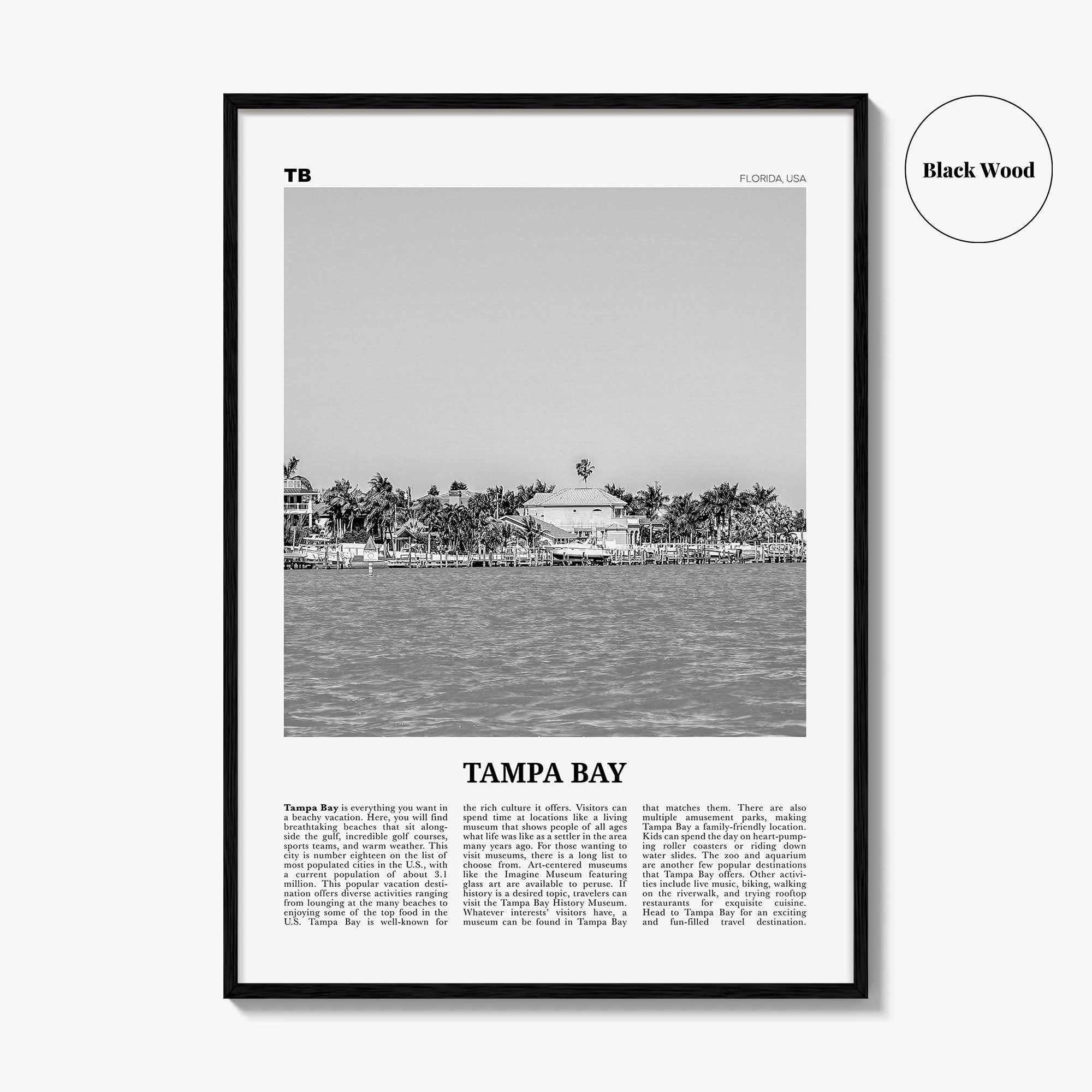 Tampa Bay Print Black and White, Tampa Bay Wall Art, Tampa Bay Poster, Tampa Bay Photo, Tampa Bay Wall Décor, Tampa Bay Map, Florida, USA