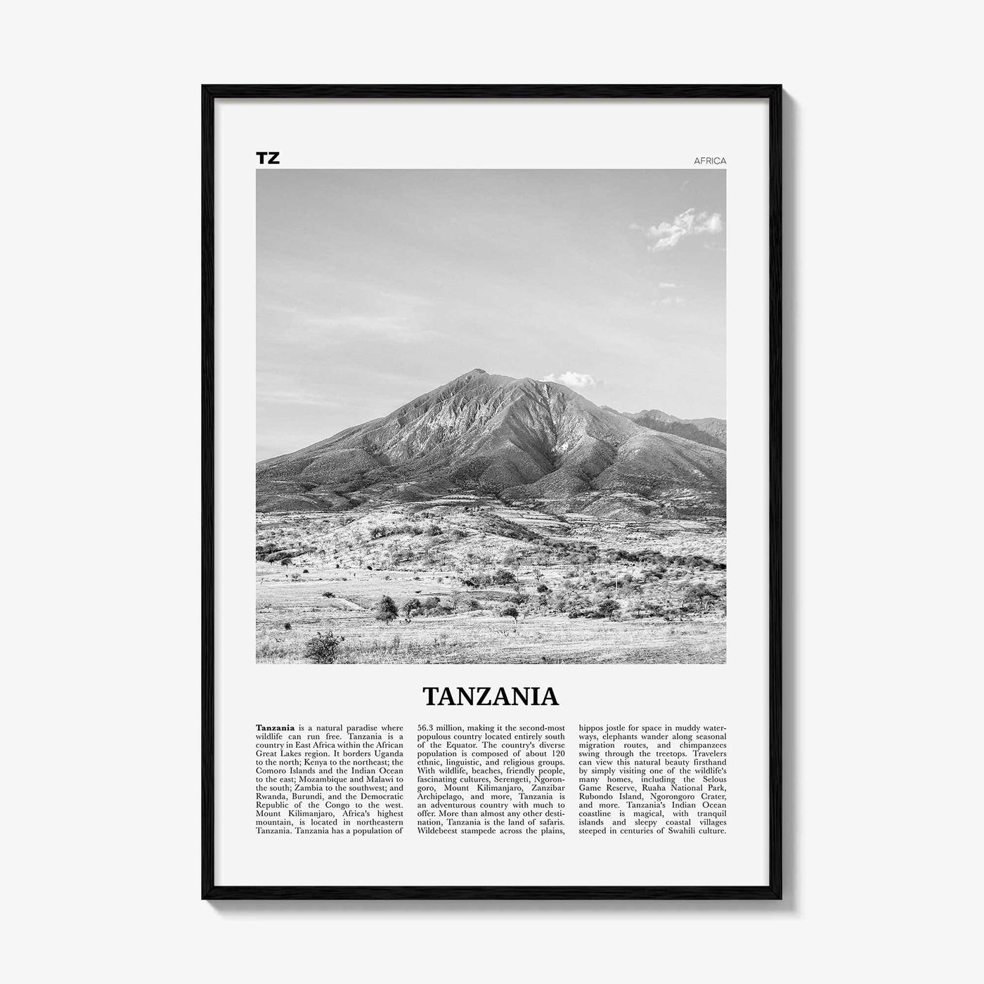 Tanzania Print Black and White, Tanzania Wall Art, Tanzania Poster, Tanzania Photo, Tanzania Wall Decor, Dodoma, Dar es Salaam, Africa