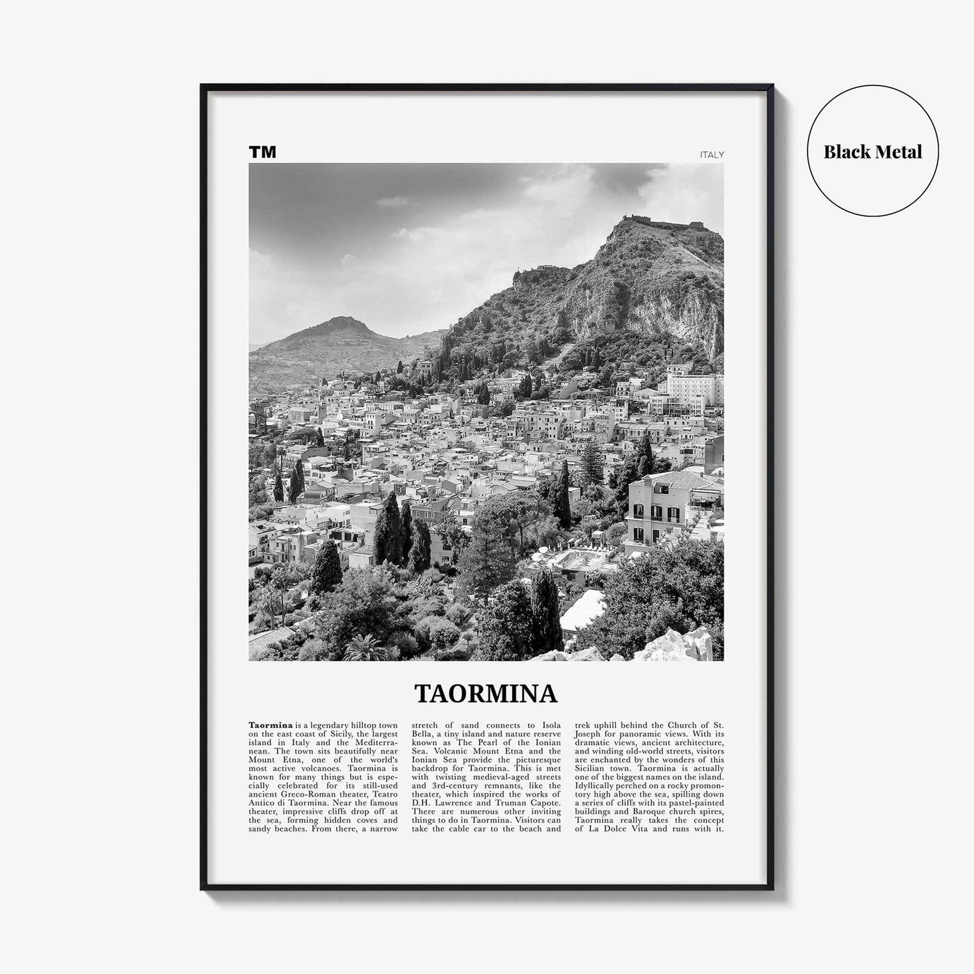 Taormina Print Black and White, Taormina Wall Art, Taormina Poster, Taormina Photo, Taormina Wall Décor, Taormina Map, Italy