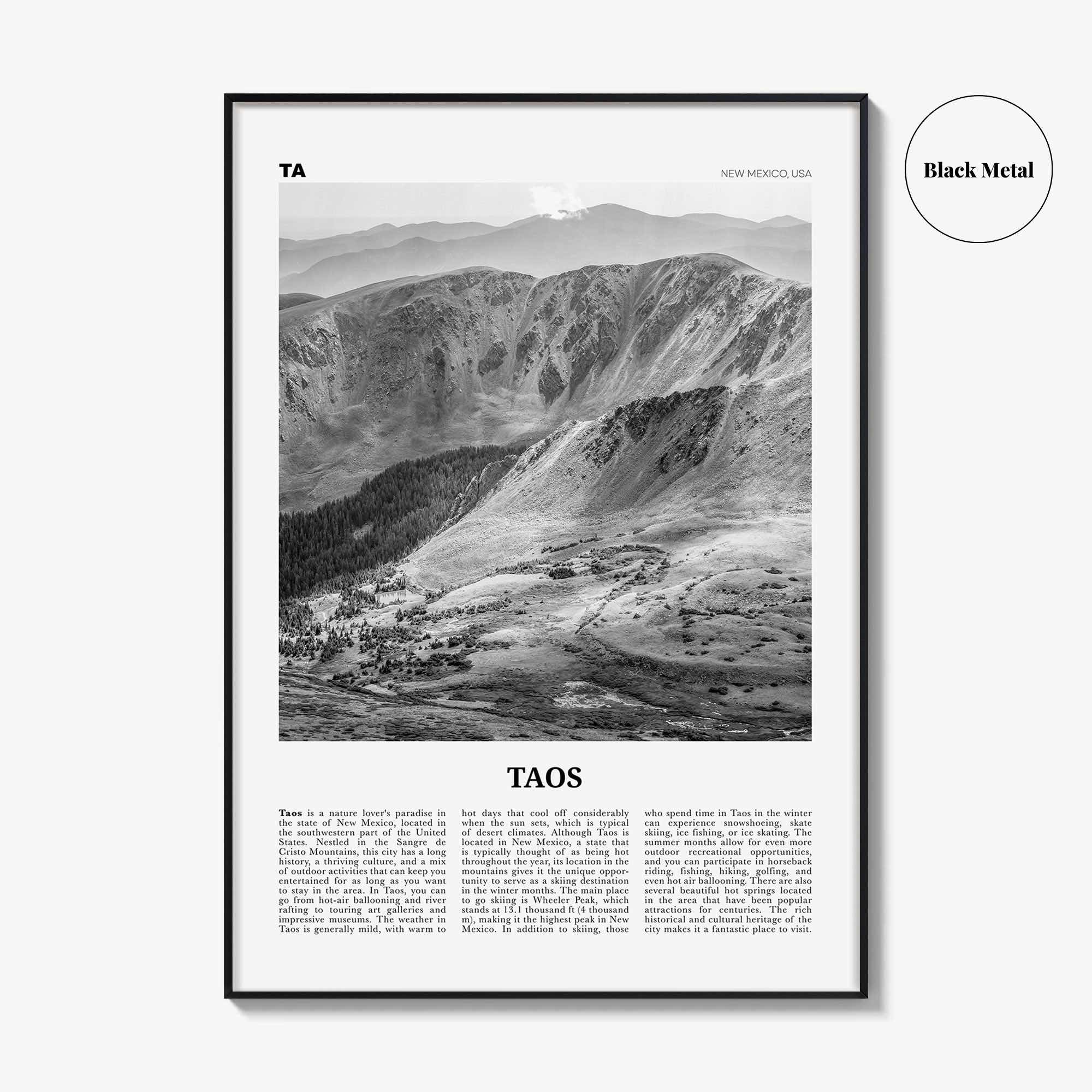 Taos Print Black and White, Taos Wall Art, Taos Poster, Taos Photo, Taos Wall Décor, New Mexico, USA, United States