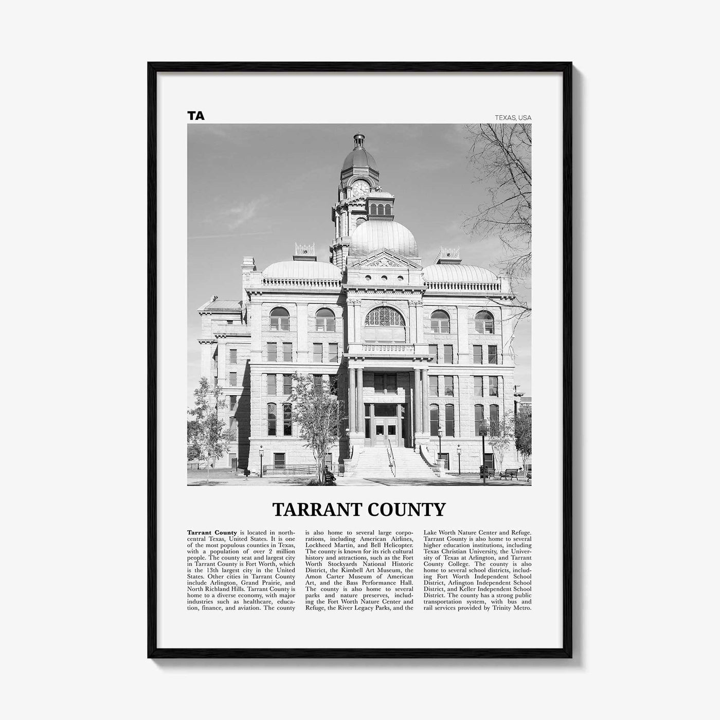 Tarrant County Print Black and White, Tarrant County Wall Art, Tarrant Poster, Tarrant Photo, Tarrant Wall Décor, Tarrant Map, Texas, USA