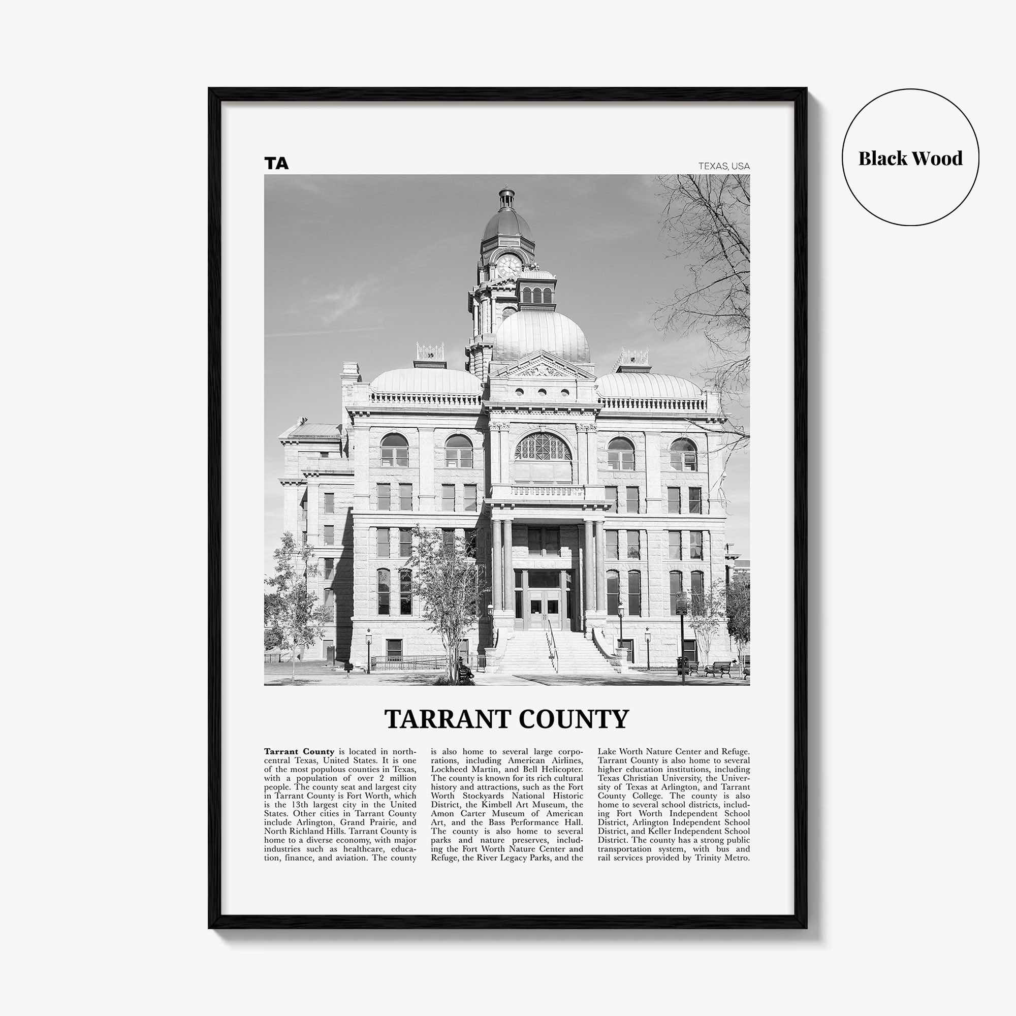 Tarrant County Print Black and White, Tarrant County Wall Art, Tarrant Poster, Tarrant Photo, Tarrant Wall Décor, Tarrant Map, Texas, USA