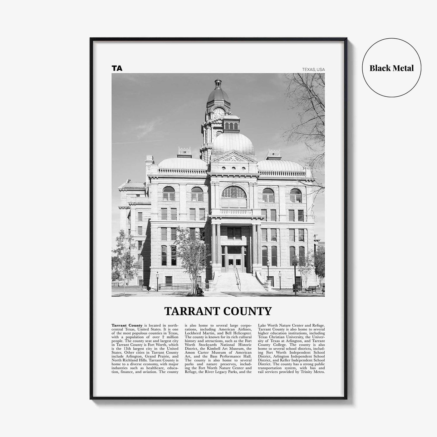 Tarrant County Print Black and White, Tarrant County Wall Art, Tarrant Poster, Tarrant Photo, Tarrant Wall Décor, Tarrant Map, Texas, USA