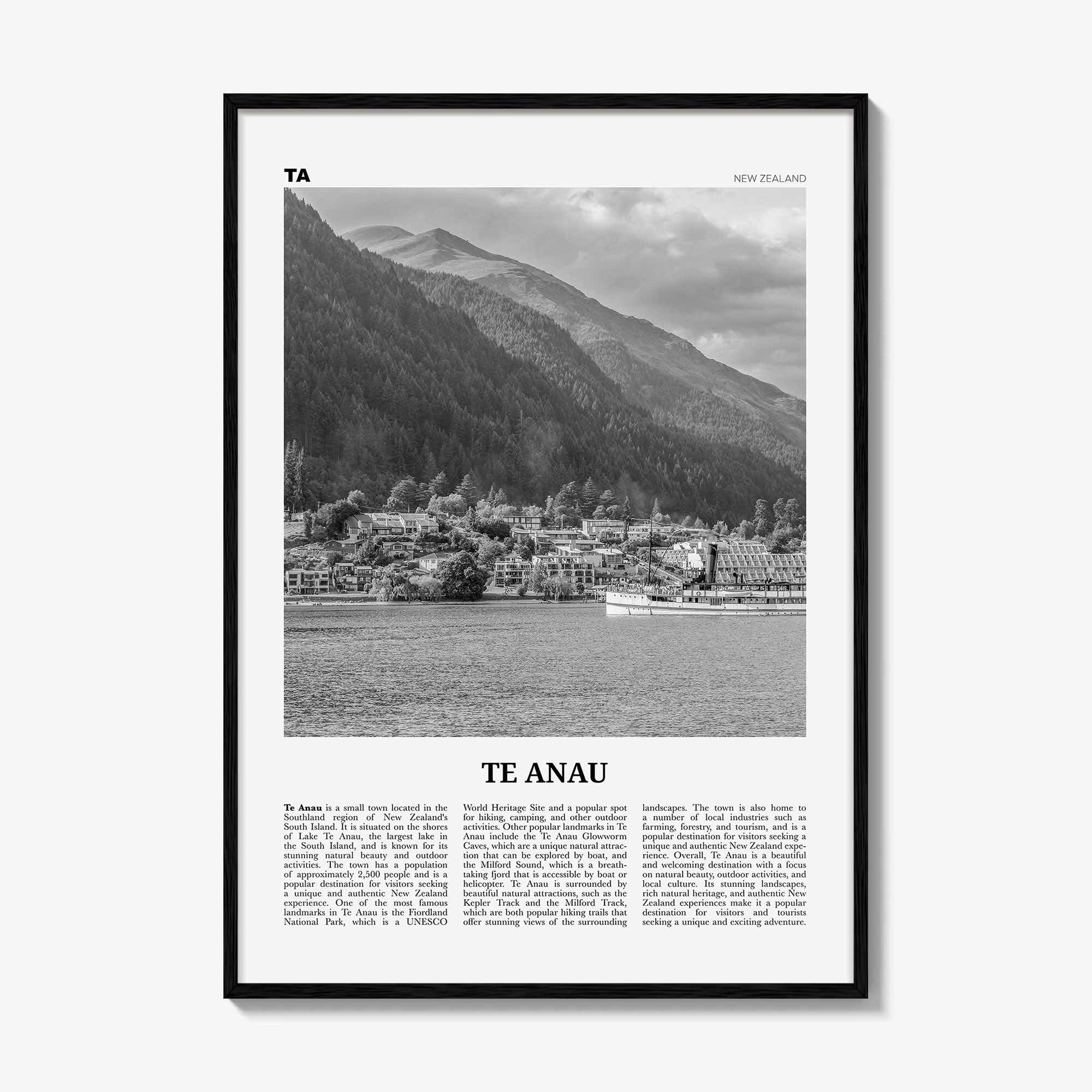Te Anau Print Black and White, Te Anau Wall Art, Te Anau Poster, Te Anau Photo, Te Anau Wall Décor, Te Anau Map, New Zealand