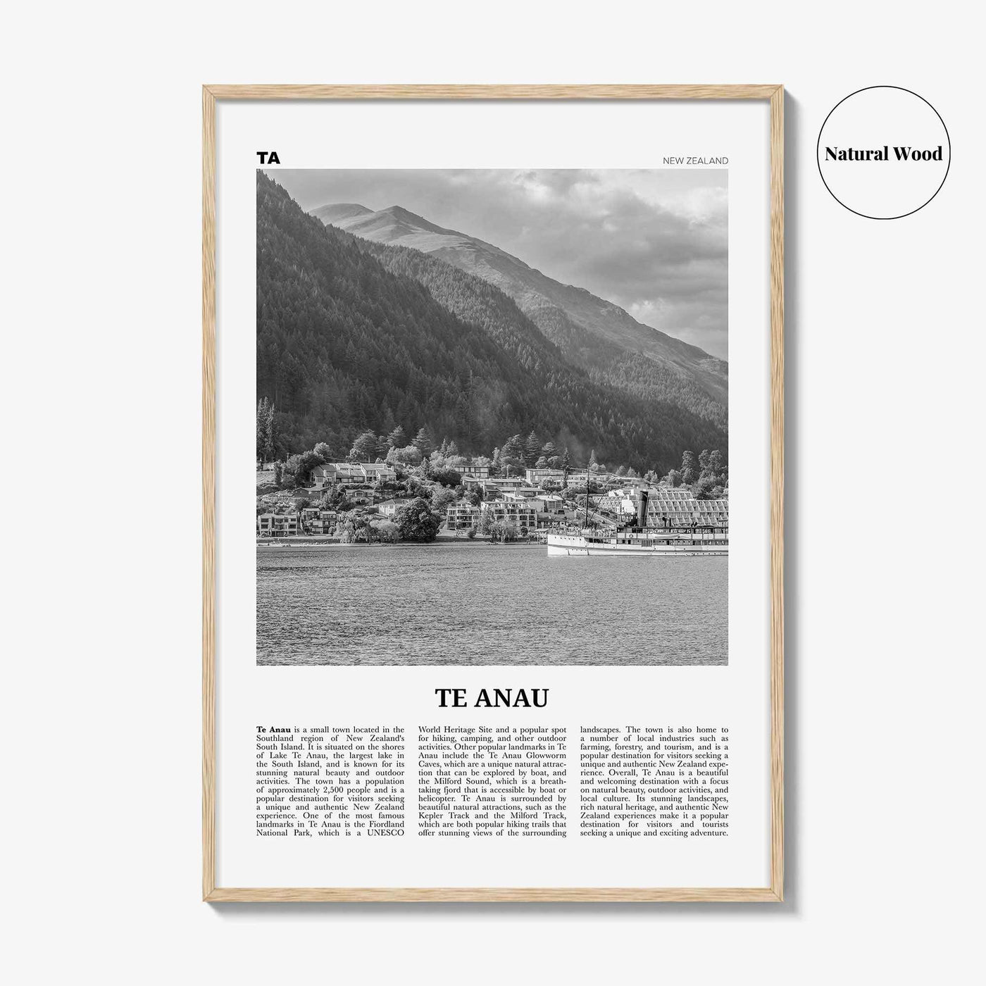 Te Anau Print Black and White, Te Anau Wall Art, Te Anau Poster, Te Anau Photo, Te Anau Wall Décor, Te Anau Map, New Zealand