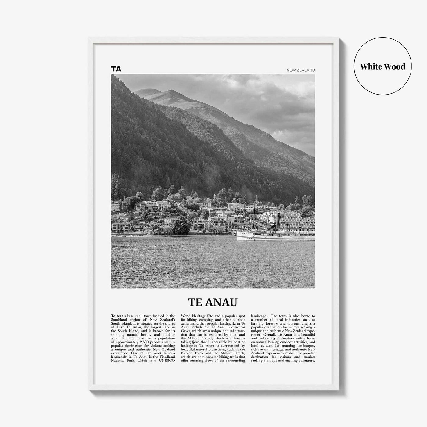 Te Anau Print Black and White, Te Anau Wall Art, Te Anau Poster, Te Anau Photo, Te Anau Wall Décor, Te Anau Map, New Zealand