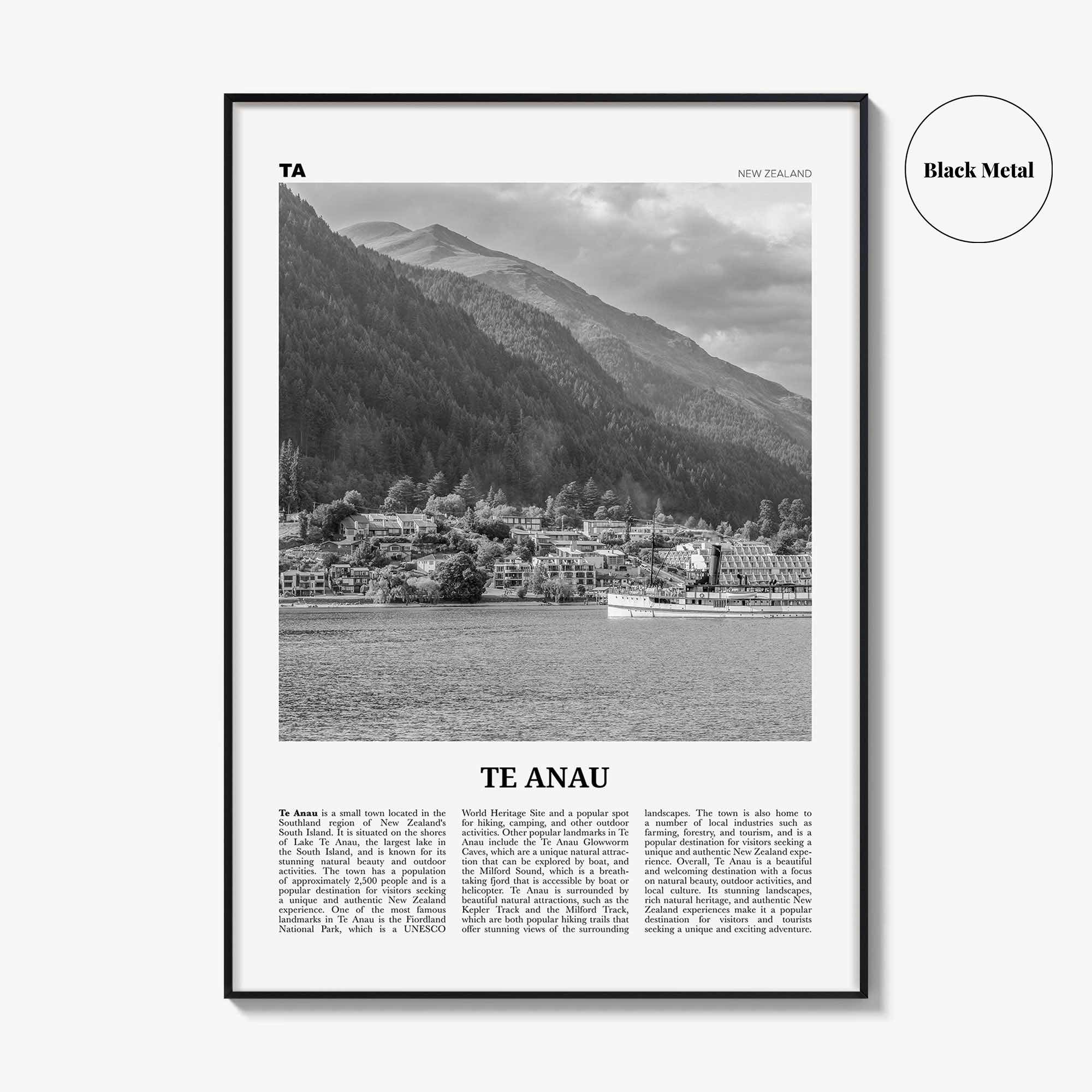 Te Anau Print Black and White, Te Anau Wall Art, Te Anau Poster, Te Anau Photo, Te Anau Wall Décor, Te Anau Map, New Zealand