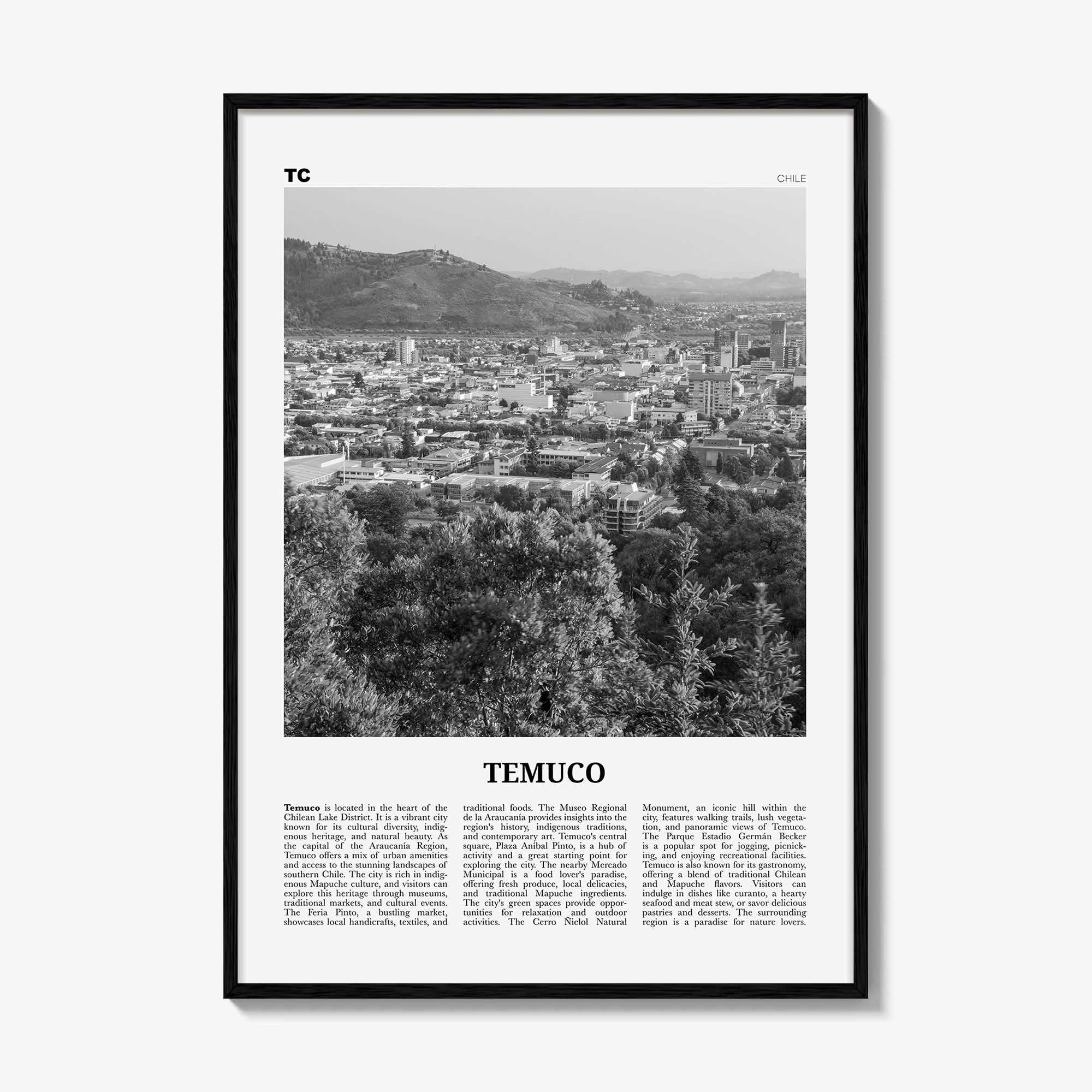 Temuco Print Black and White, Temuco Wall Art, Temuco Poster, Temuco Photo, Temuco Wall Décor, Temuco Map, Chile