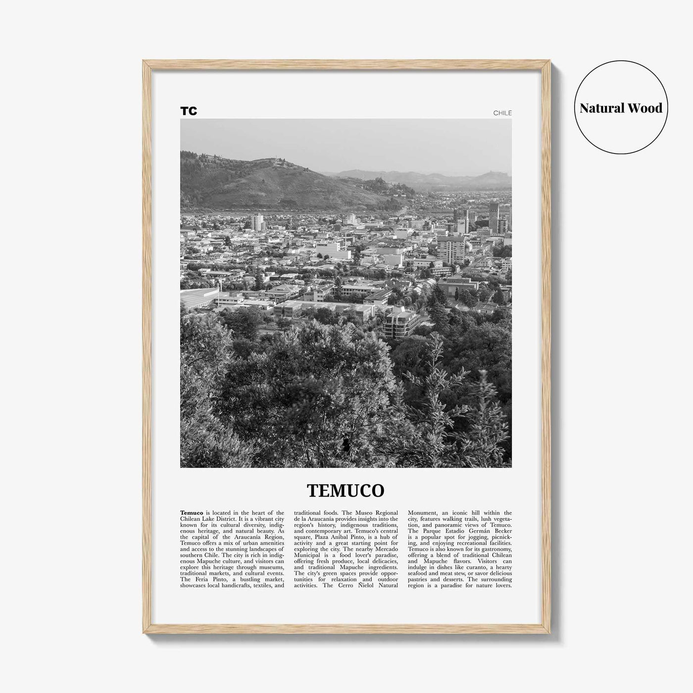 Temuco Print Black and White, Temuco Wall Art, Temuco Poster, Temuco Photo, Temuco Wall Décor, Temuco Map, Chile