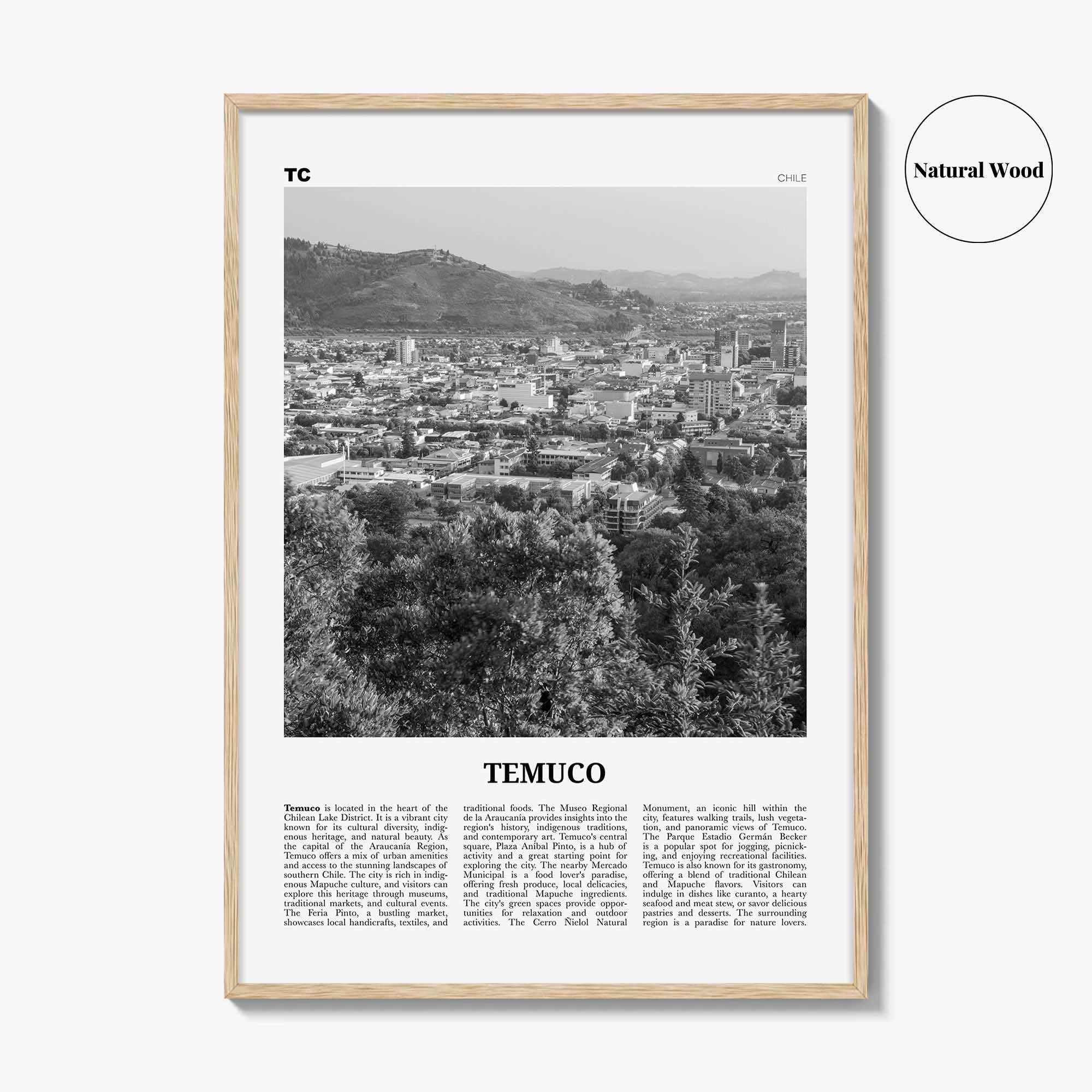 Temuco Print Black and White, Temuco Wall Art, Temuco Poster, Temuco Photo, Temuco Wall Décor, Temuco Map, Chile