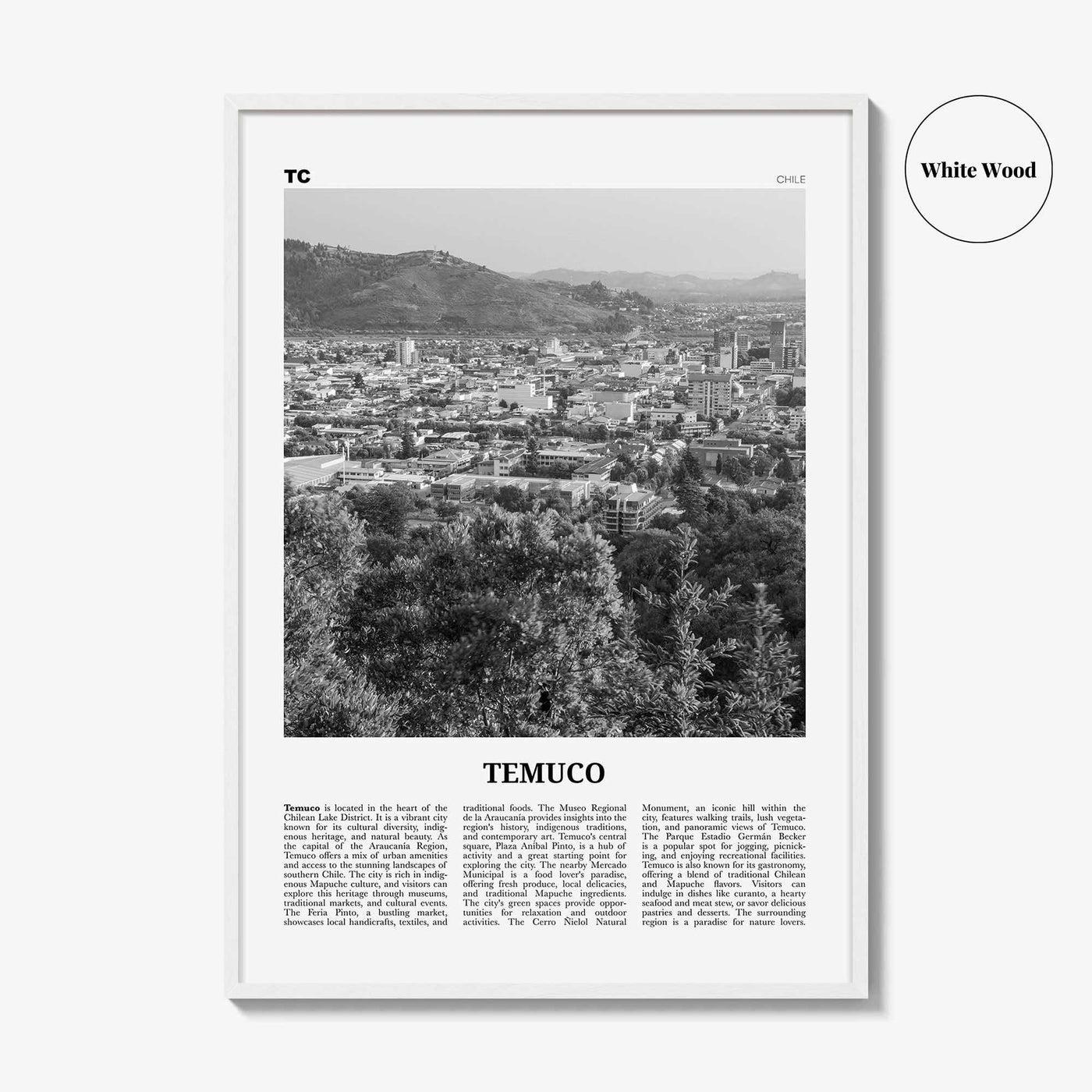Temuco Print Black and White, Temuco Wall Art, Temuco Poster, Temuco Photo, Temuco Wall Décor, Temuco Map, Chile