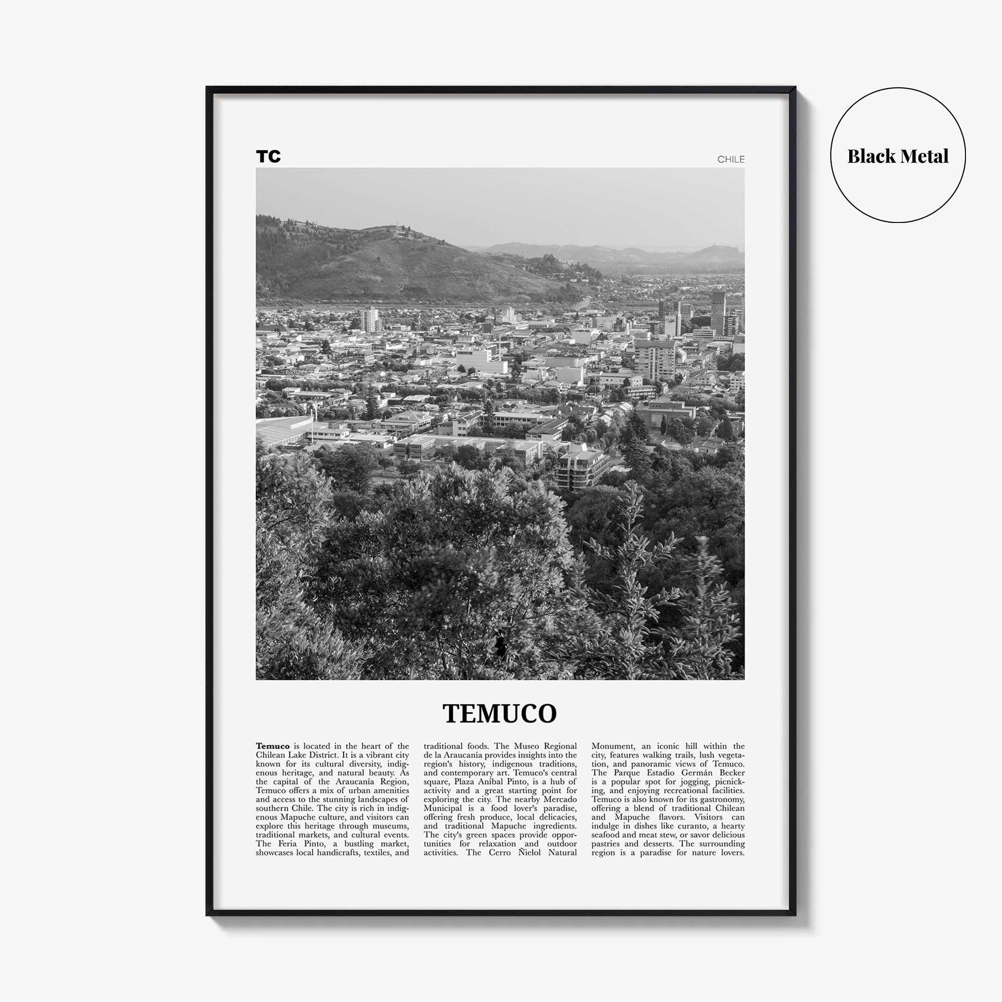 Temuco Print Black and White, Temuco Wall Art, Temuco Poster, Temuco Photo, Temuco Wall Décor, Temuco Map, Chile