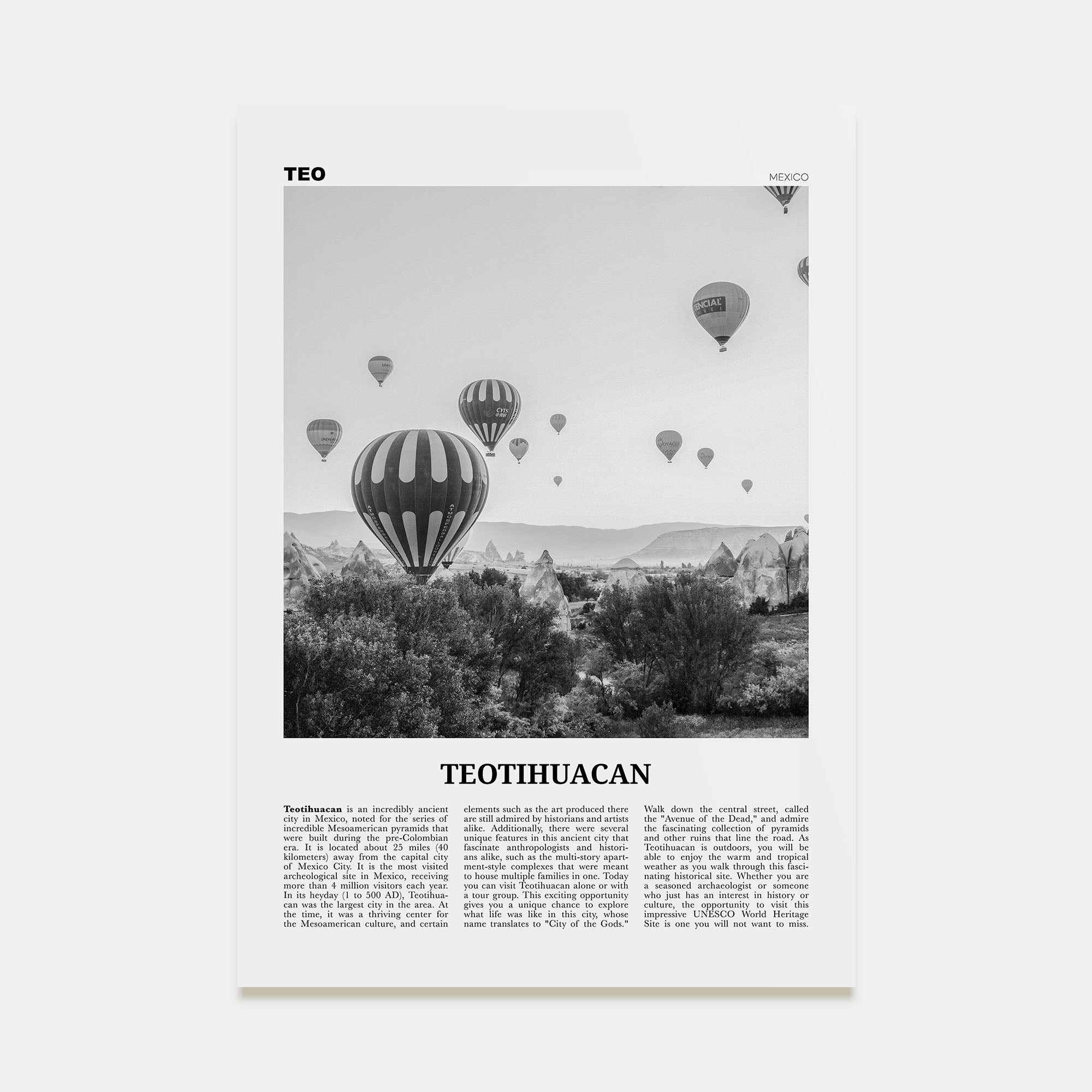 Teotihuacán Travel B&W Poster