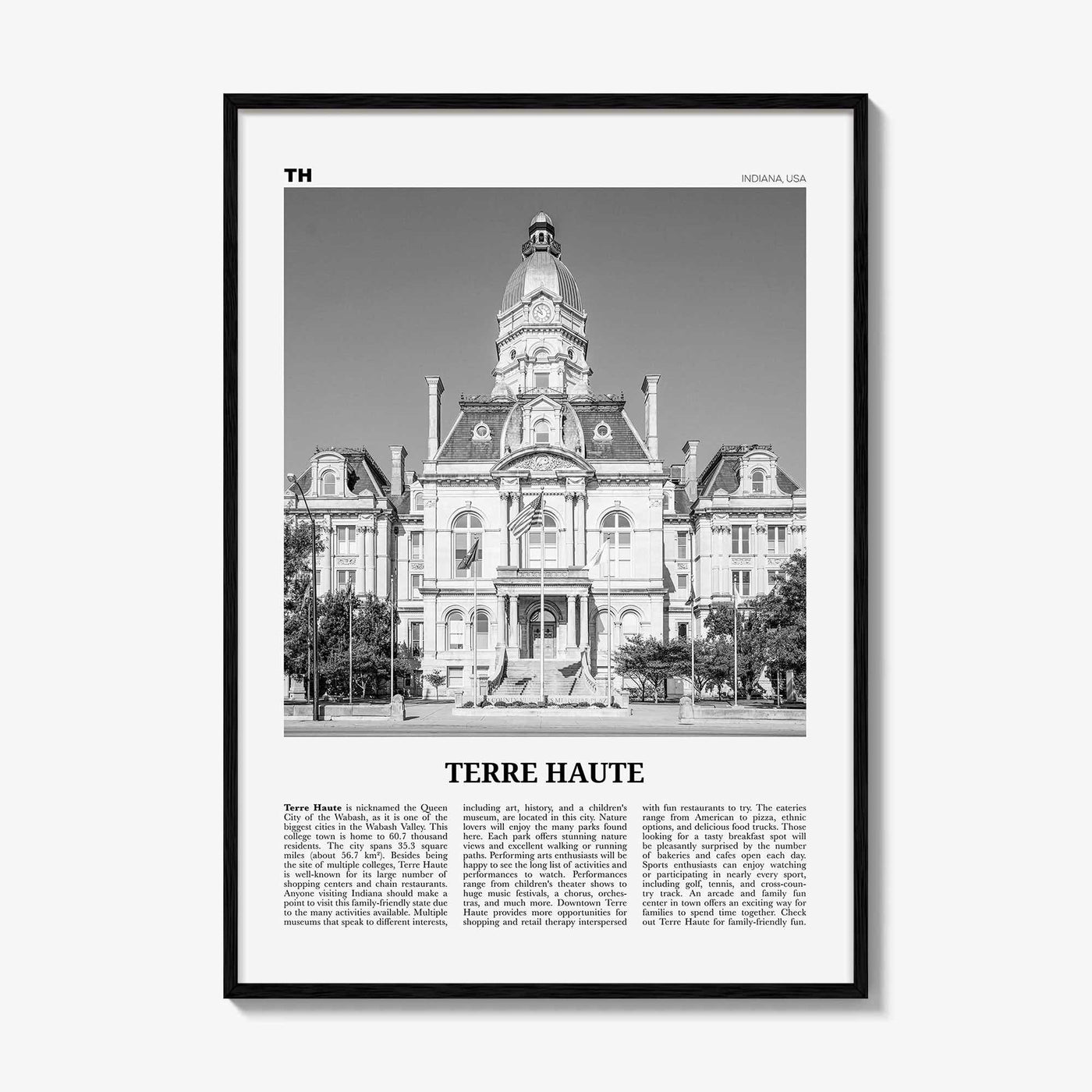 Terre Haute Print Black and White, Terre Haute Wall Art, Terre Haute Poster, Terre Haute Photo, Terre Haute Wall Décor, Indiana, USA