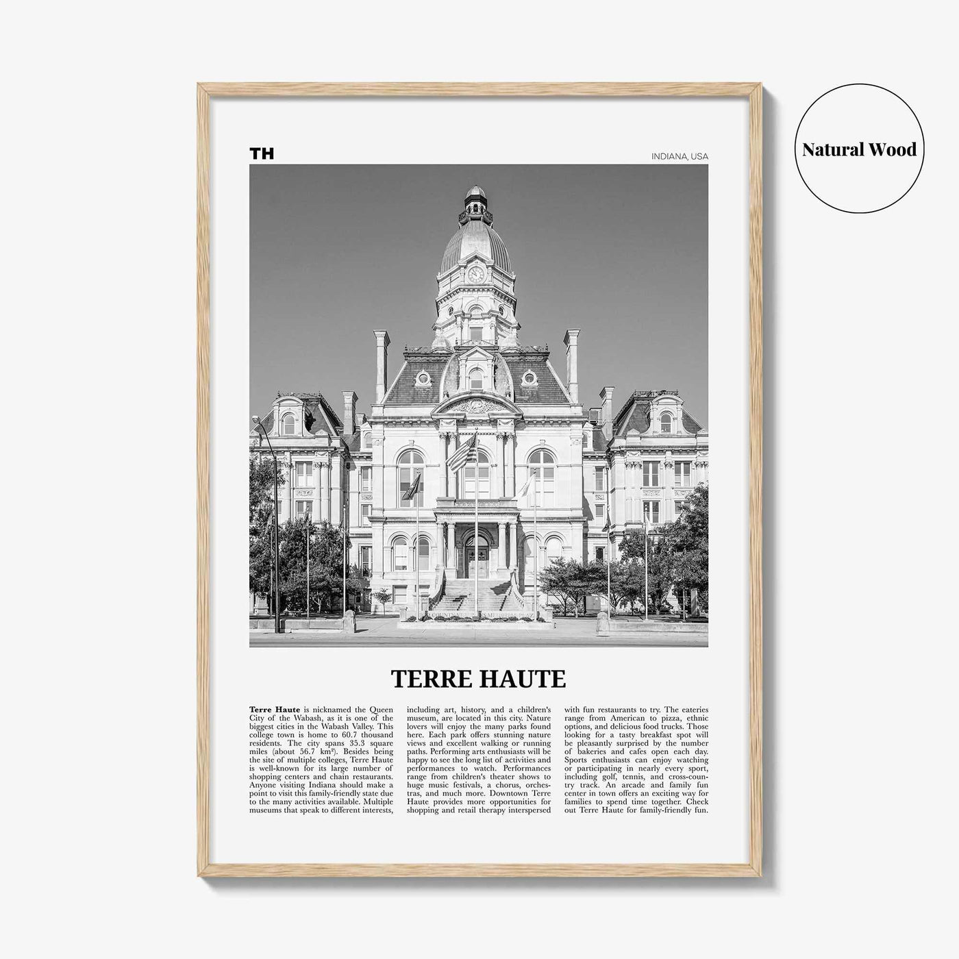 Terre Haute Print Black and White, Terre Haute Wall Art, Terre Haute Poster, Terre Haute Photo, Terre Haute Wall Décor, Indiana, USA