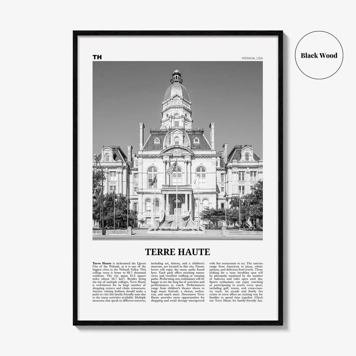 Terre Haute Print Black and White, Terre Haute Wall Art, Terre Haute Poster, Terre Haute Photo, Terre Haute Wall Décor, Indiana, USA