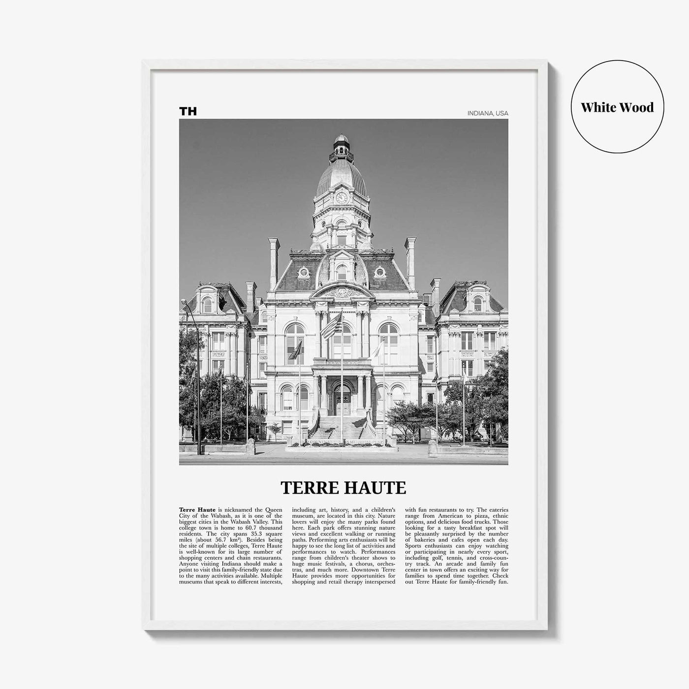 Terre Haute Print Black and White, Terre Haute Wall Art, Terre Haute Poster, Terre Haute Photo, Terre Haute Wall Décor, Indiana, USA