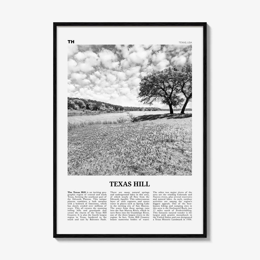 Texas Hill Print Black and White, Texas Hill Wall Art, Texas Hill Poster, Texas Hill Photo, Texas Hill Décor, Texas Hill Map, Texas, USA