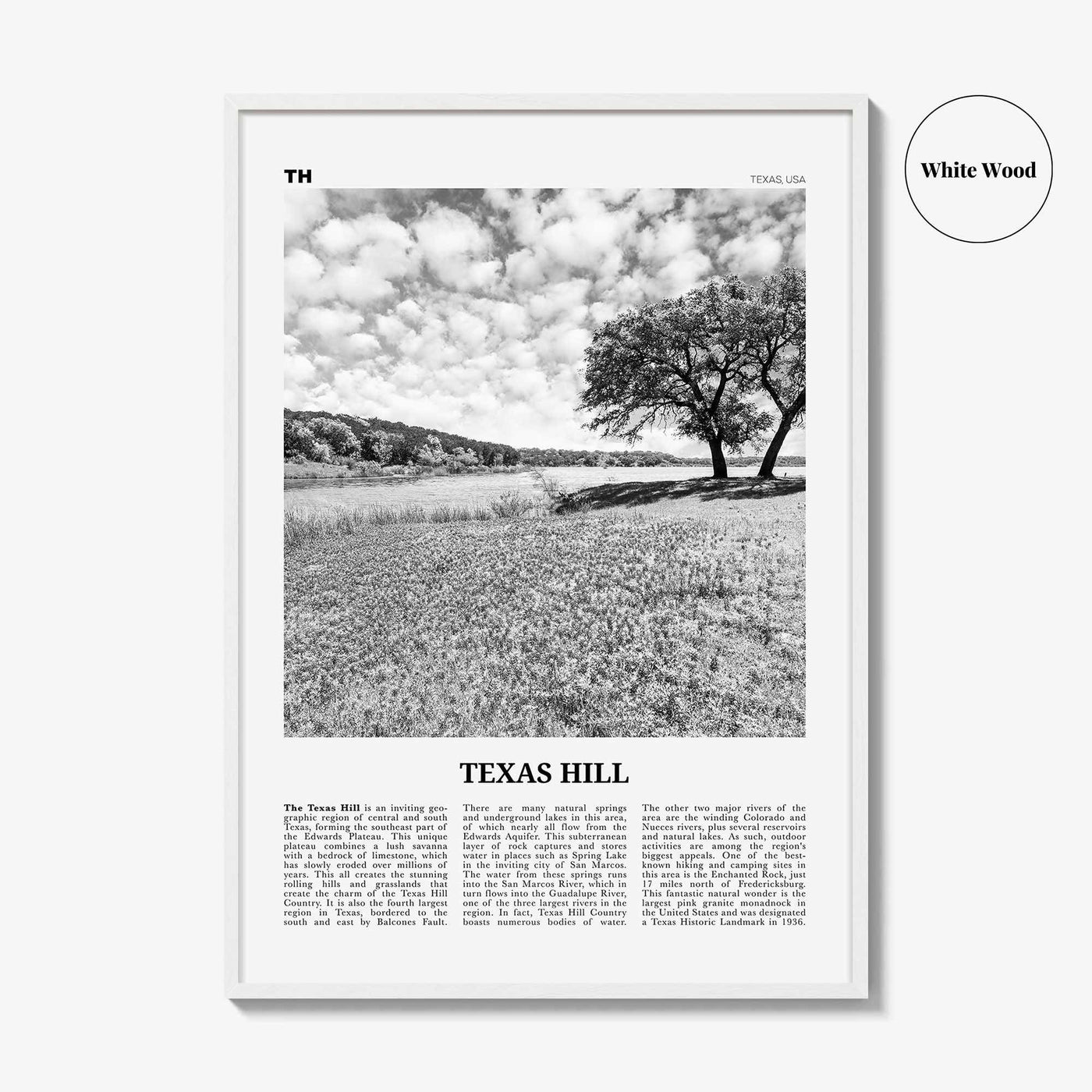 Texas Hill Print Black and White, Texas Hill Wall Art, Texas Hill Poster, Texas Hill Photo, Texas Hill Décor, Texas Hill Map, Texas, USA