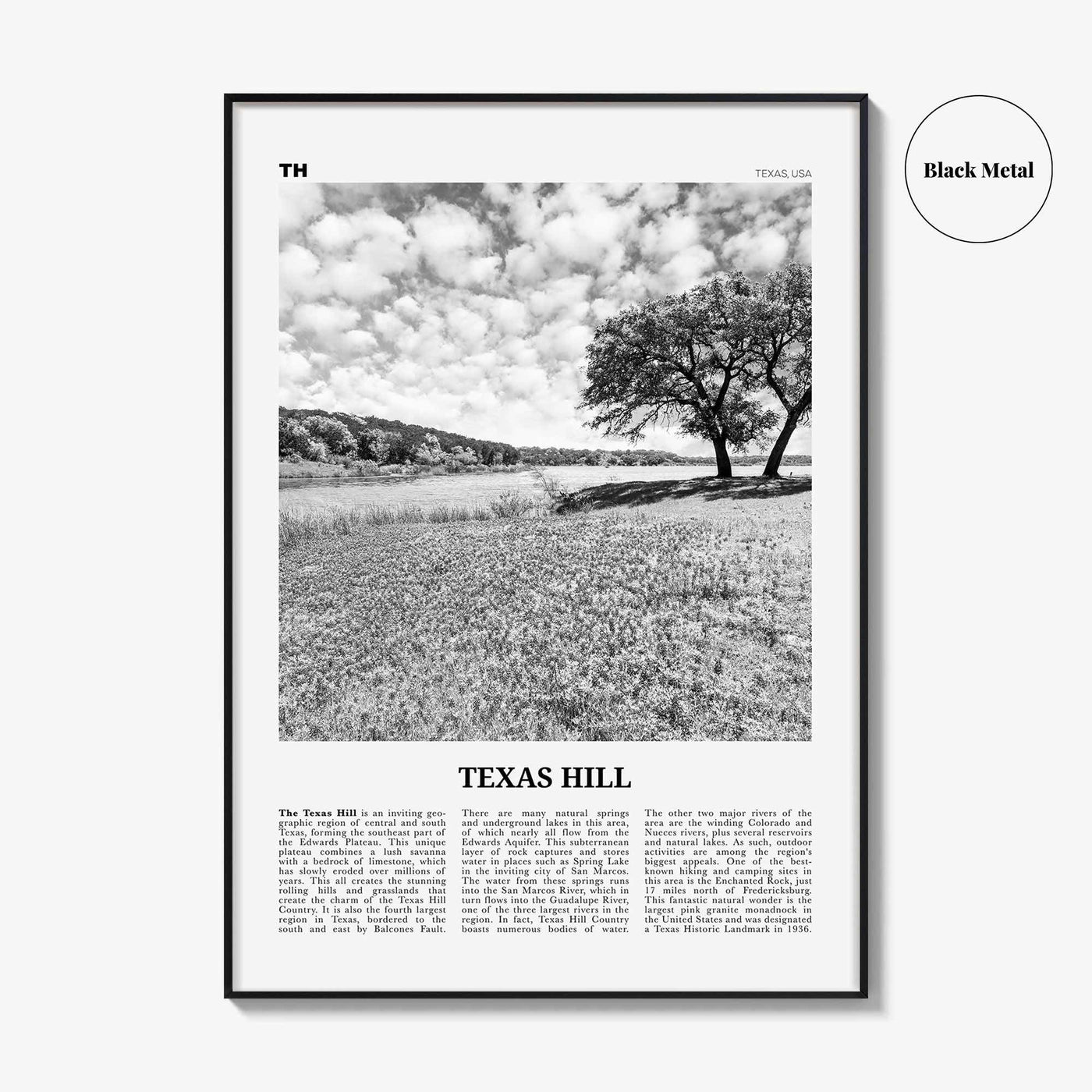 Texas Hill Print Black and White, Texas Hill Wall Art, Texas Hill Poster, Texas Hill Photo, Texas Hill Décor, Texas Hill Map, Texas, USA