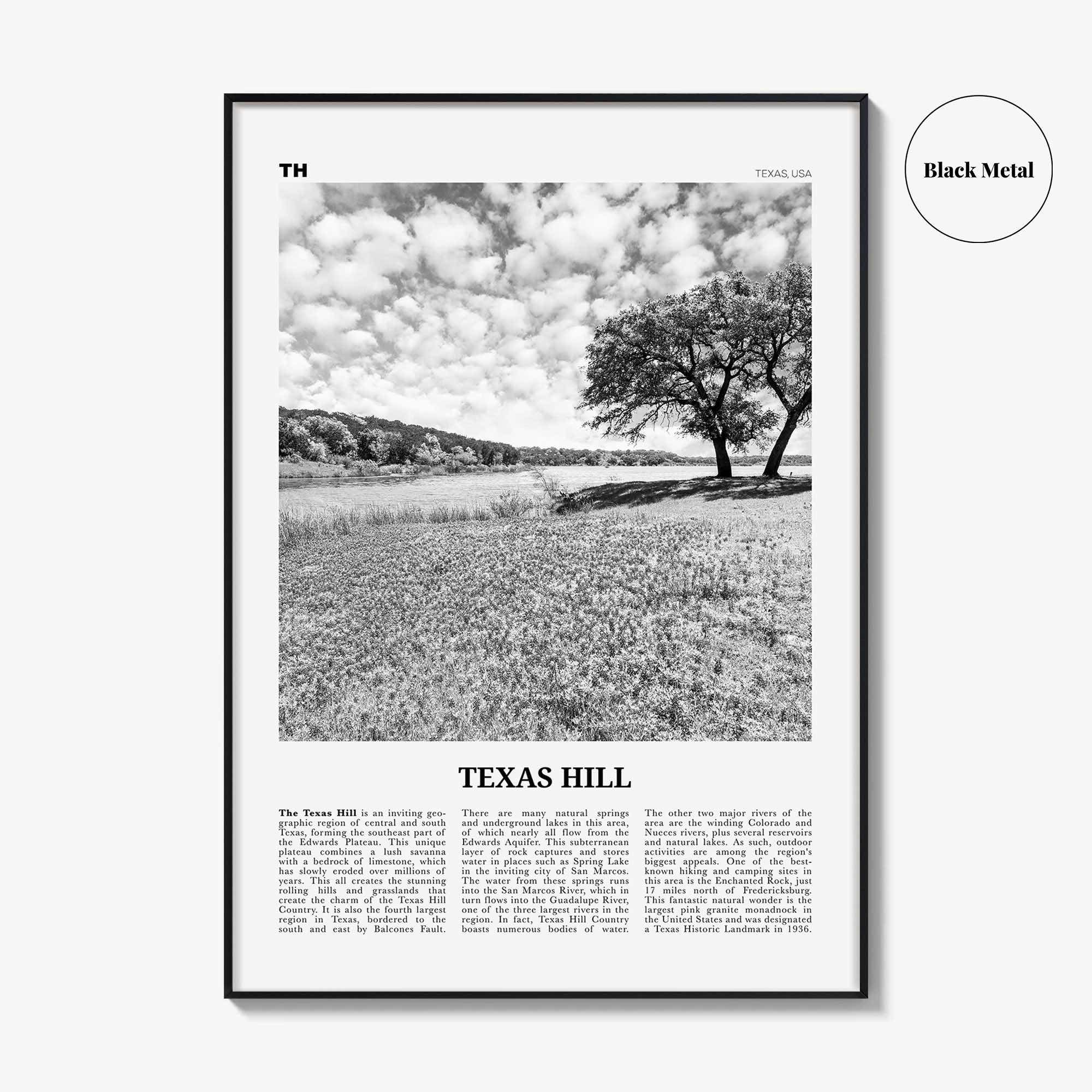 Texas Hill Print Black and White, Texas Hill Wall Art, Texas Hill Poster, Texas Hill Photo, Texas Hill Décor, Texas Hill Map, Texas, USA