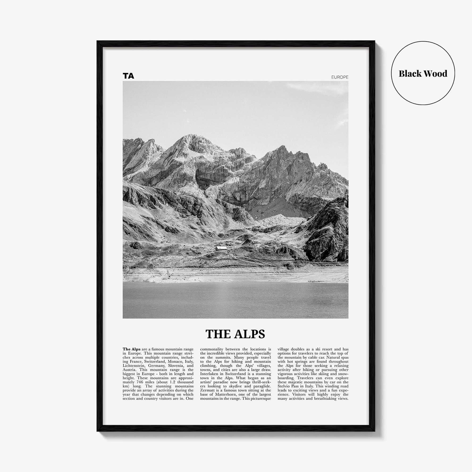 The Alps Print Black and White, The Alps Wall Art, The Alps Poster, The Alps Photo, The Alps Wall Décor, The Alps Map, Europe