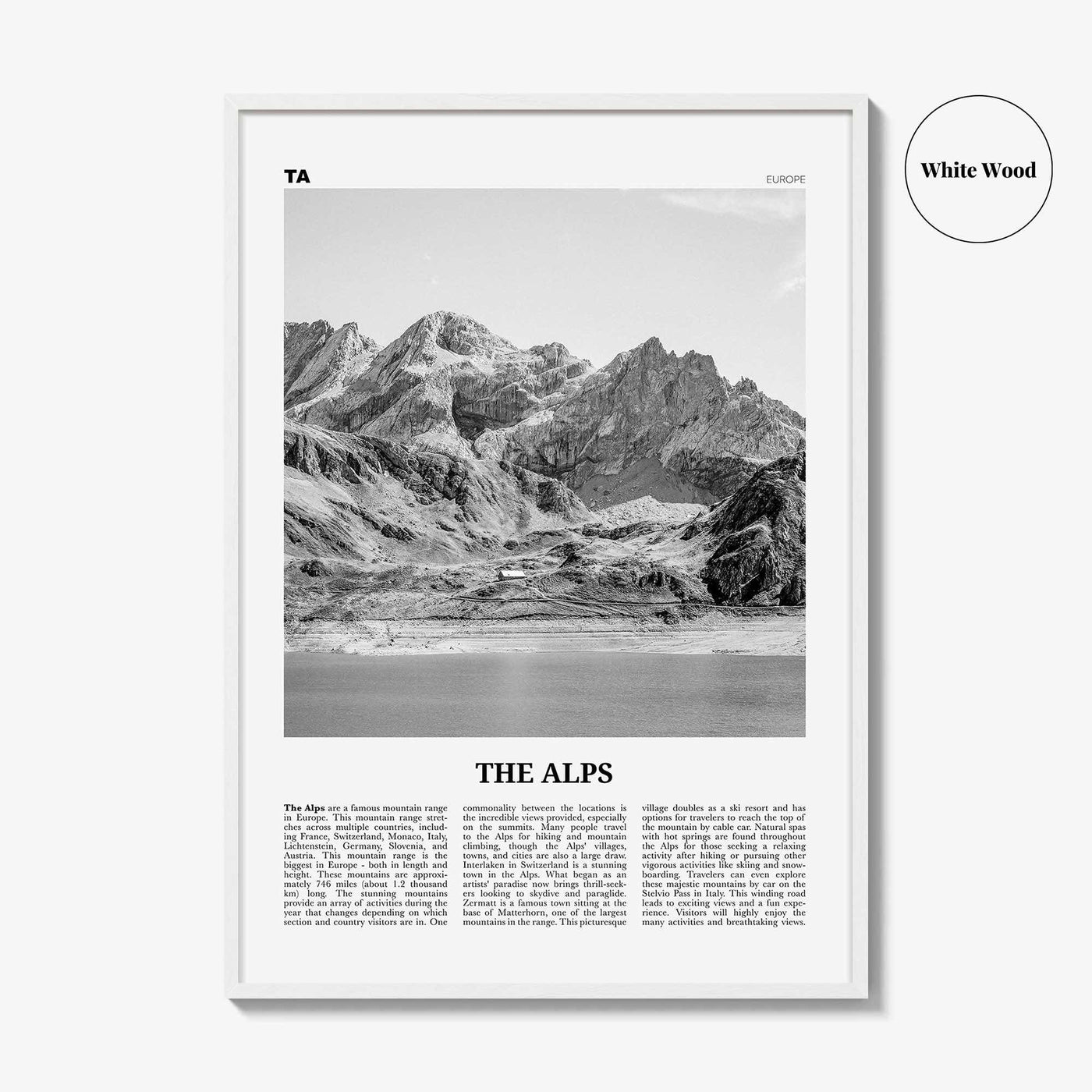 The Alps Print Black and White, The Alps Wall Art, The Alps Poster, The Alps Photo, The Alps Wall Décor, The Alps Map, Europe