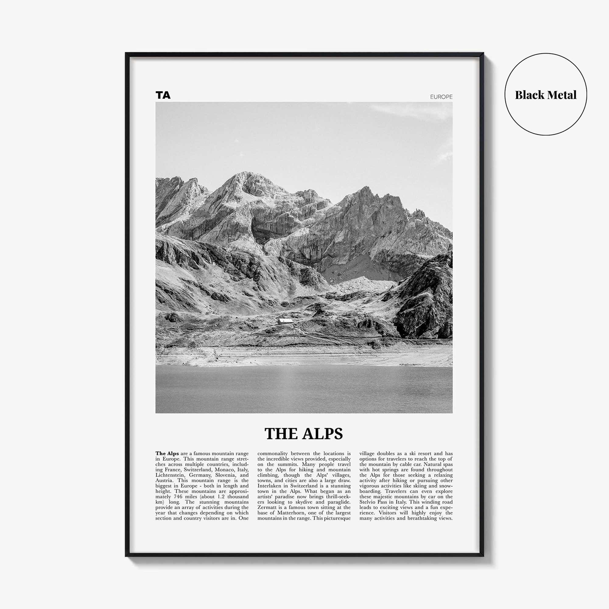 The Alps Print Black and White, The Alps Wall Art, The Alps Poster, The Alps Photo, The Alps Wall Décor, The Alps Map, Europe