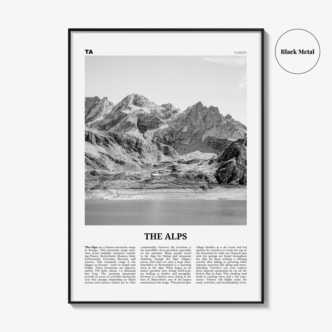 The Alps Print Black and White, The Alps Wall Art, The Alps Poster, The Alps Photo, The Alps Wall Décor, The Alps Map, Europe
