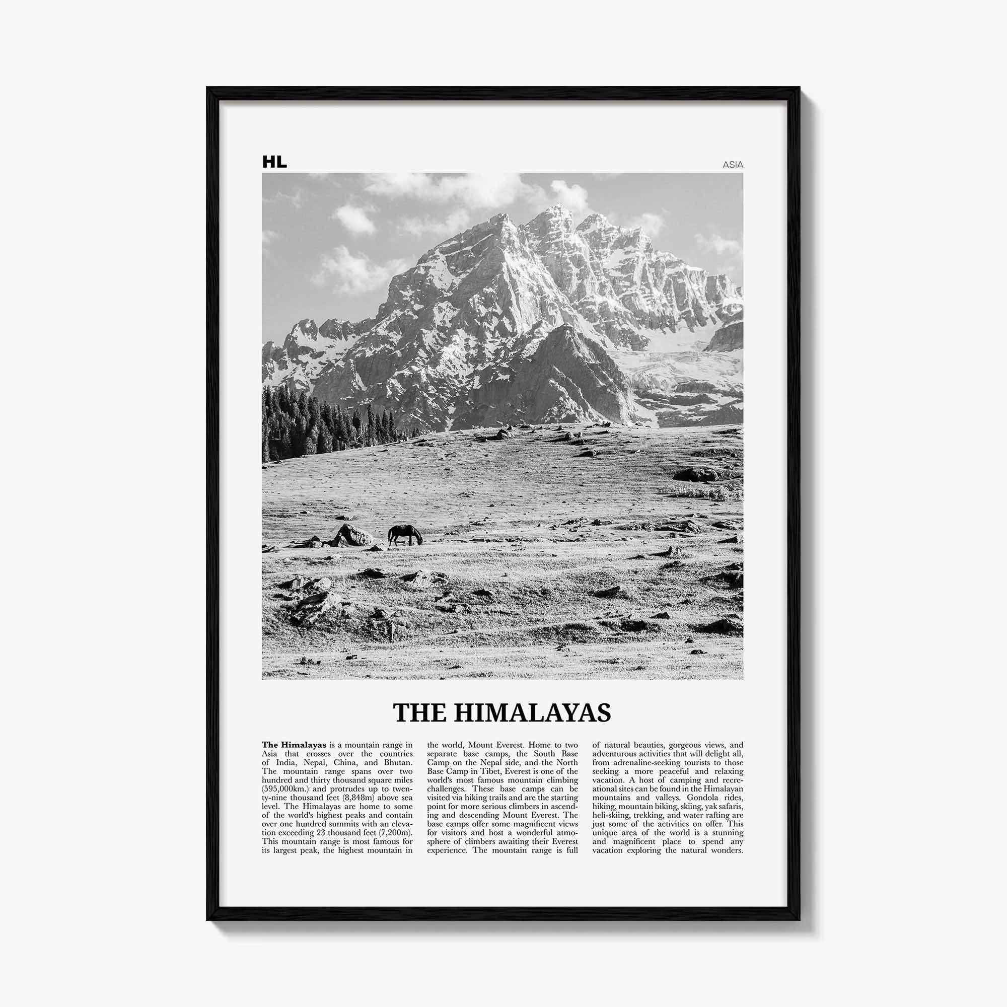 The Himalayas Print Black and White, Himalayas Wall Art, Himalayas Poster, Himalayas Photo, Himalayas Map, Asia