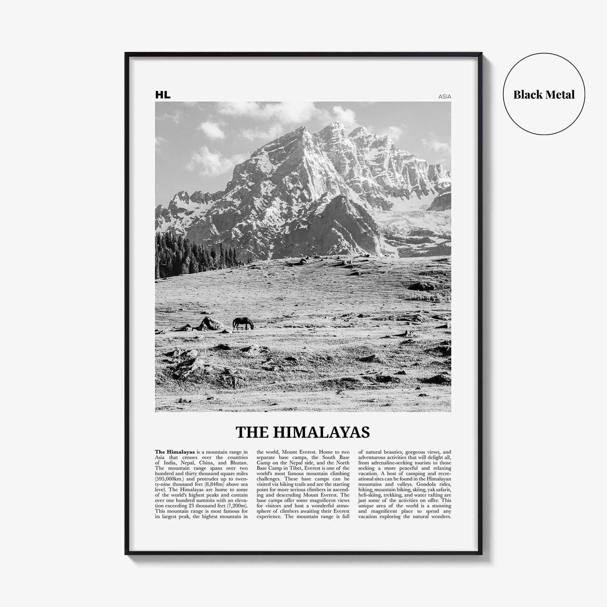 The Himalayas Print Black and White, Himalayas Wall Art, Himalayas Poster, Himalayas Photo, Himalayas Map, Asia