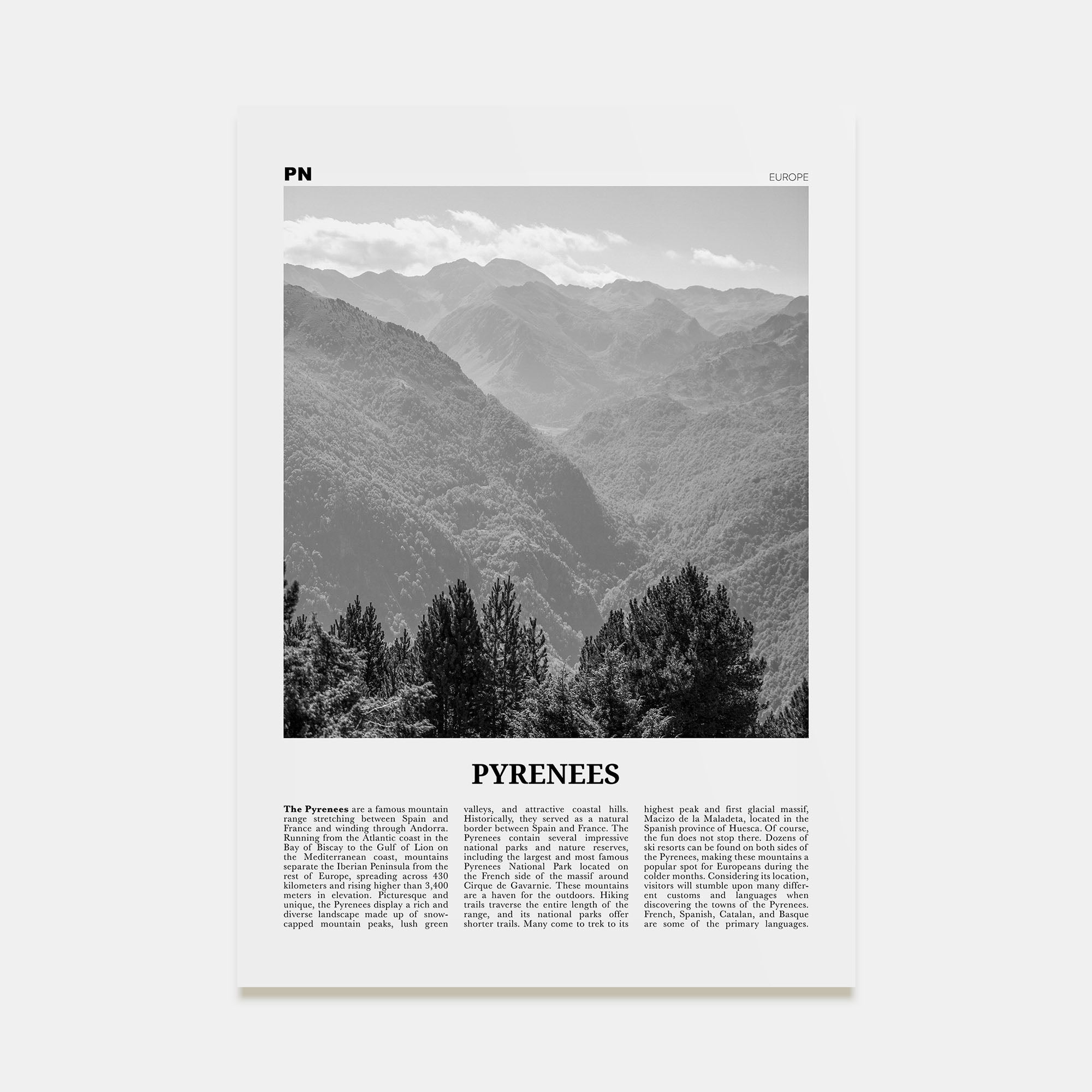 The Pyrenees Travel B&W Poster