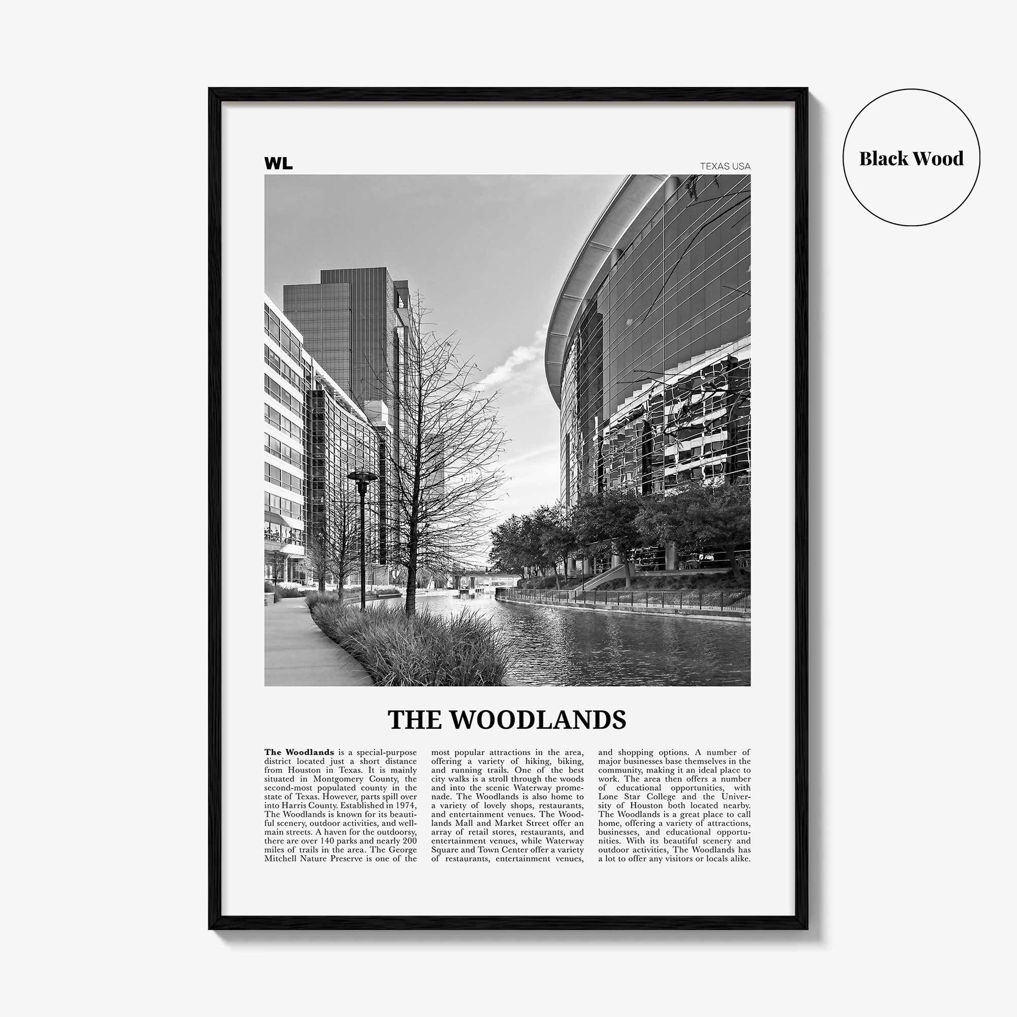 The Woodlands Print Black and White, The Woodlands Wall Art, The Woodlands Poster, Photo, The Woodlands Wall Décor, The Woodlands Map