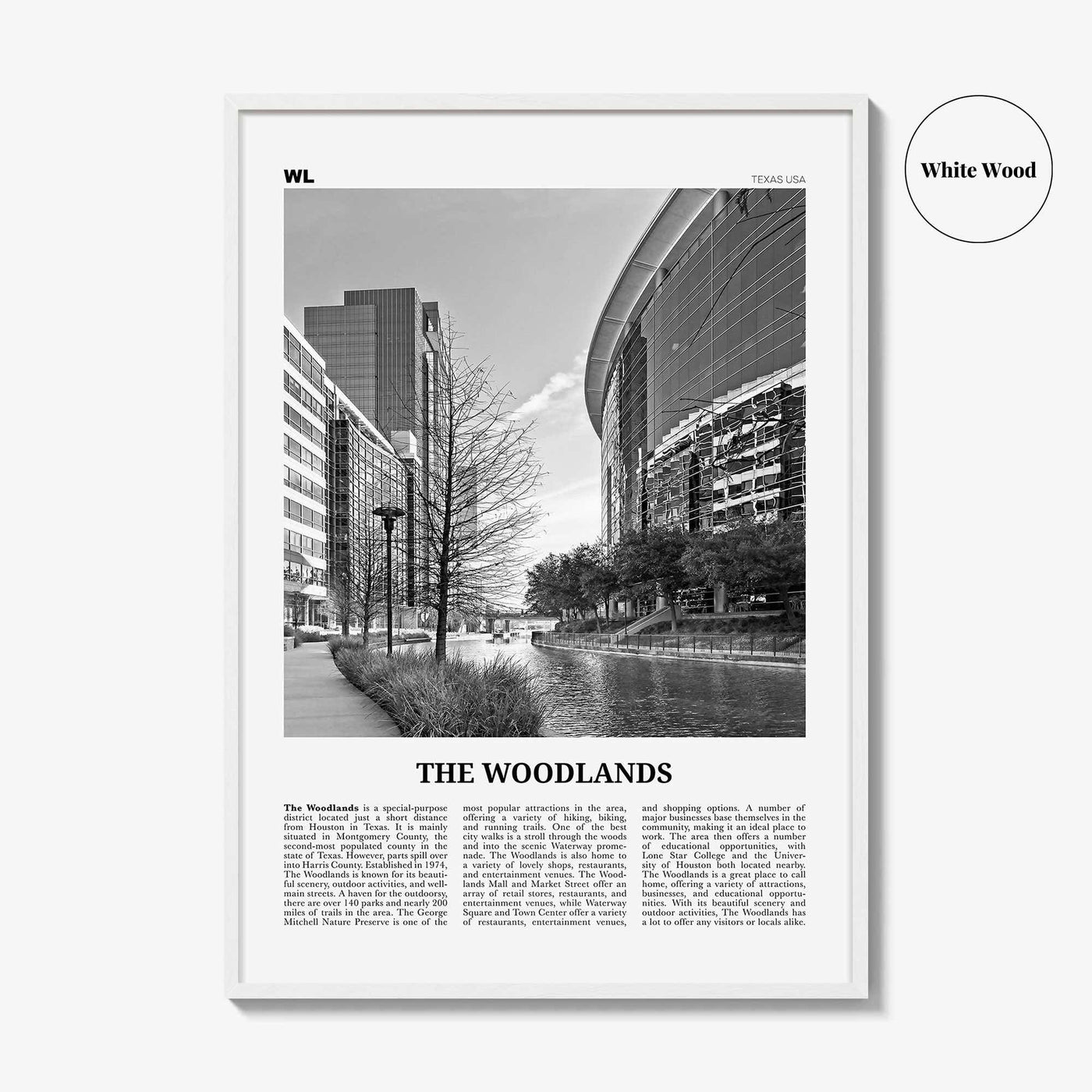 The Woodlands Print Black and White, The Woodlands Wall Art, The Woodlands Poster, Photo, The Woodlands Wall Décor, The Woodlands Map