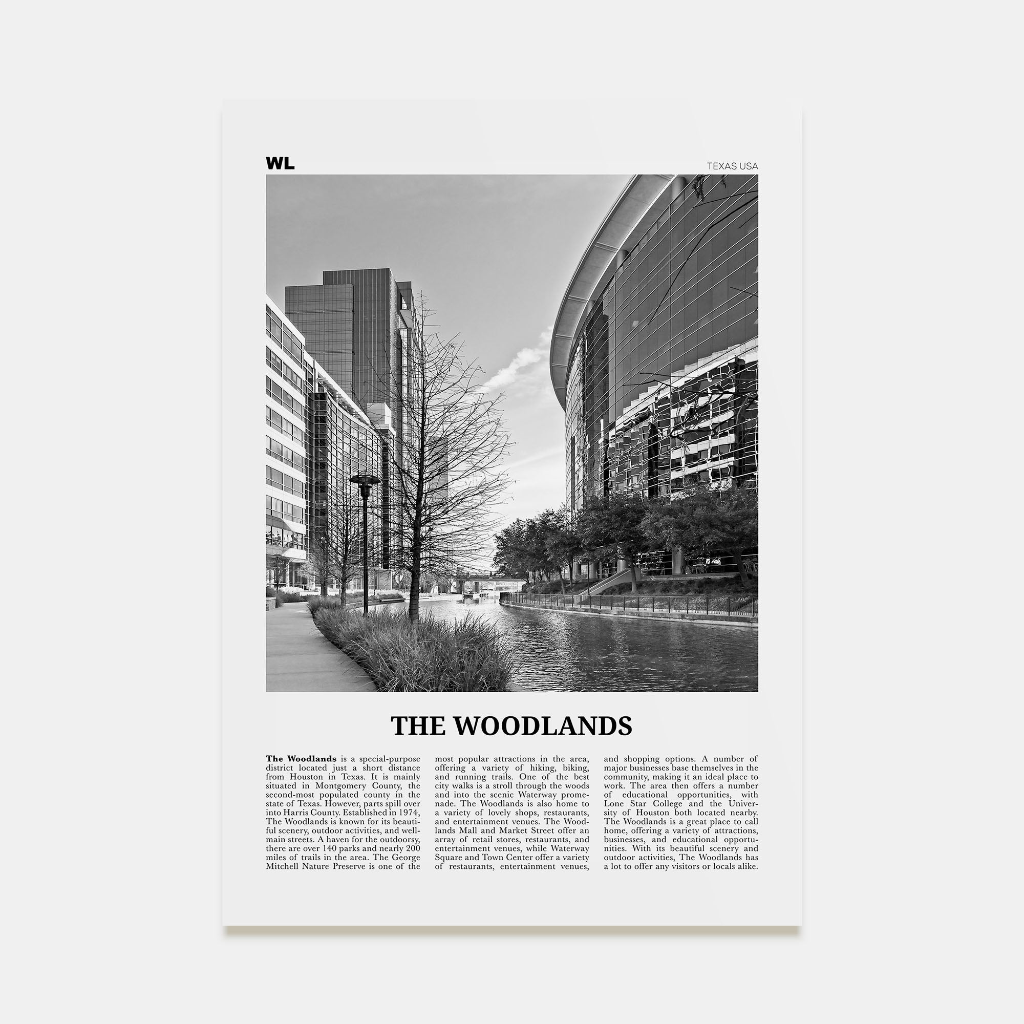 The Woodlands Travel B&W Poster