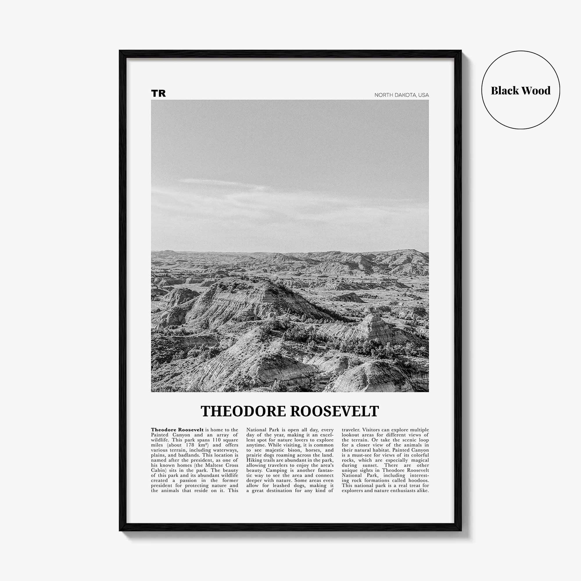 Theodore Roosevelt National Park Print Black and White, Theodore Roosevelt Wall Art, Theodore Roosevelt Poster, North Dakota