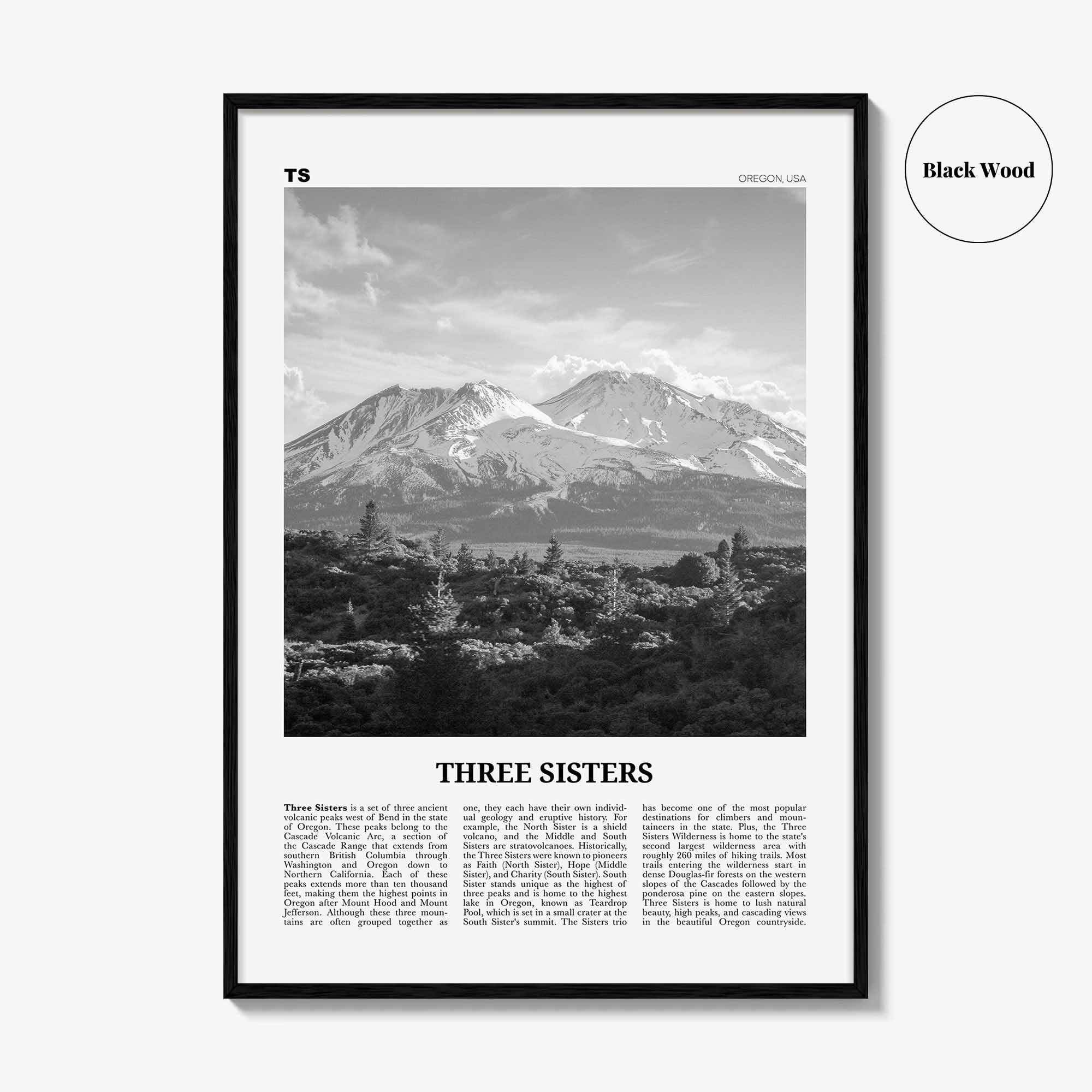 Three Sisters Print Black and White, Three Sisters Wall Art, Three Sisters Poster, Three Sisters Photo, Three Sisters Wall Décor, Oregon